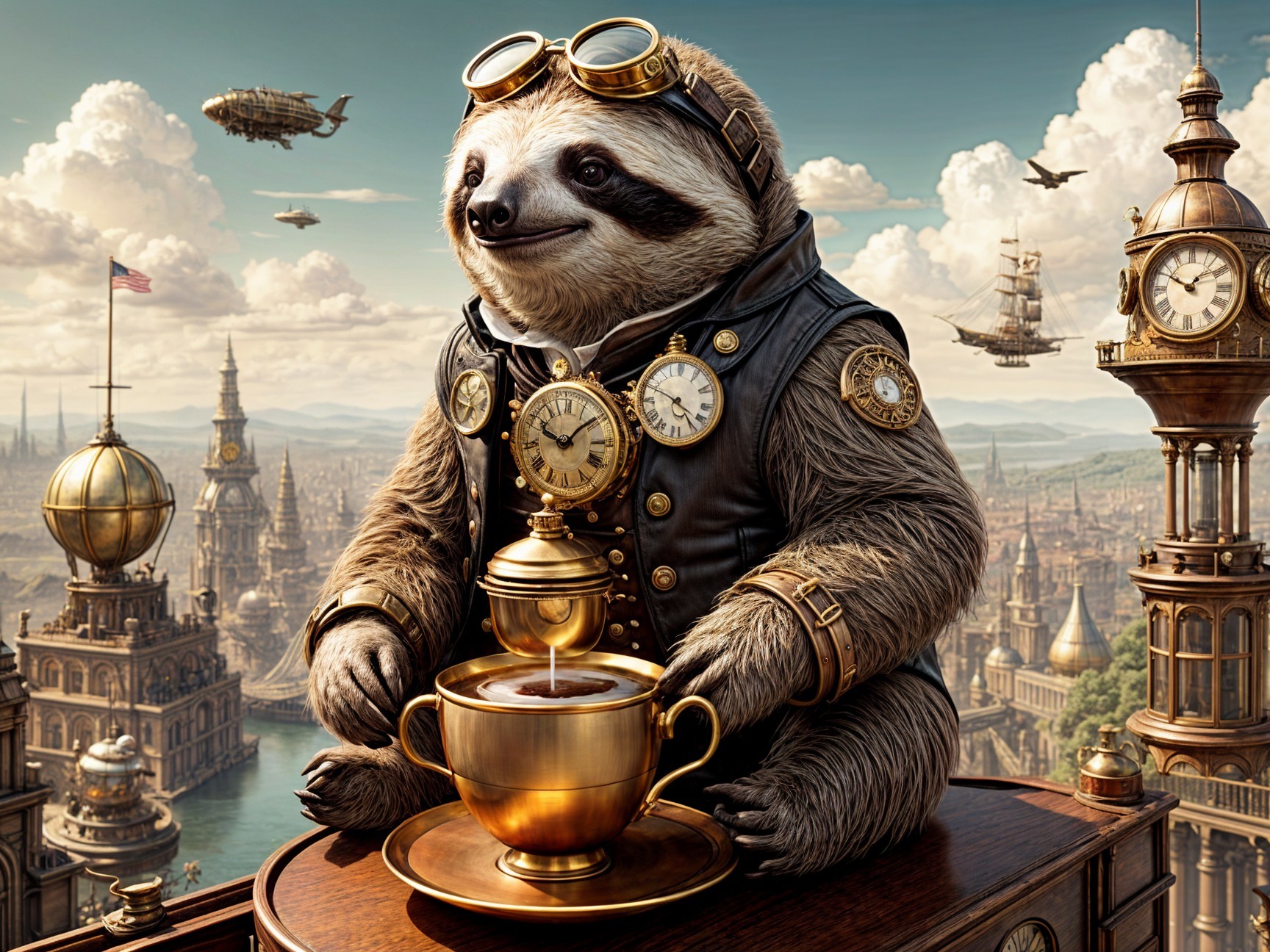 Steampunk Sloth with Coffee Against City Skyline