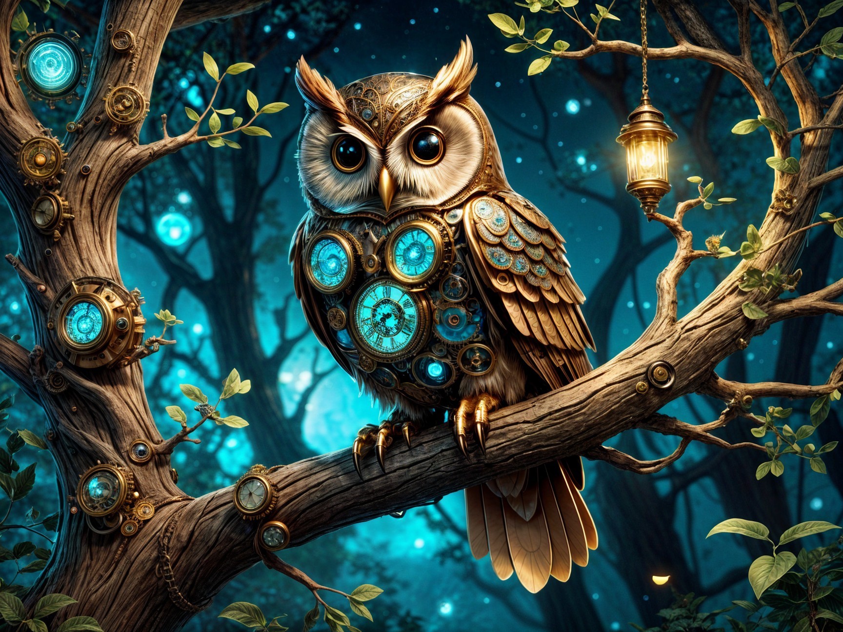 Whimsical Owl in a Mystical Steampunk Forest Scene