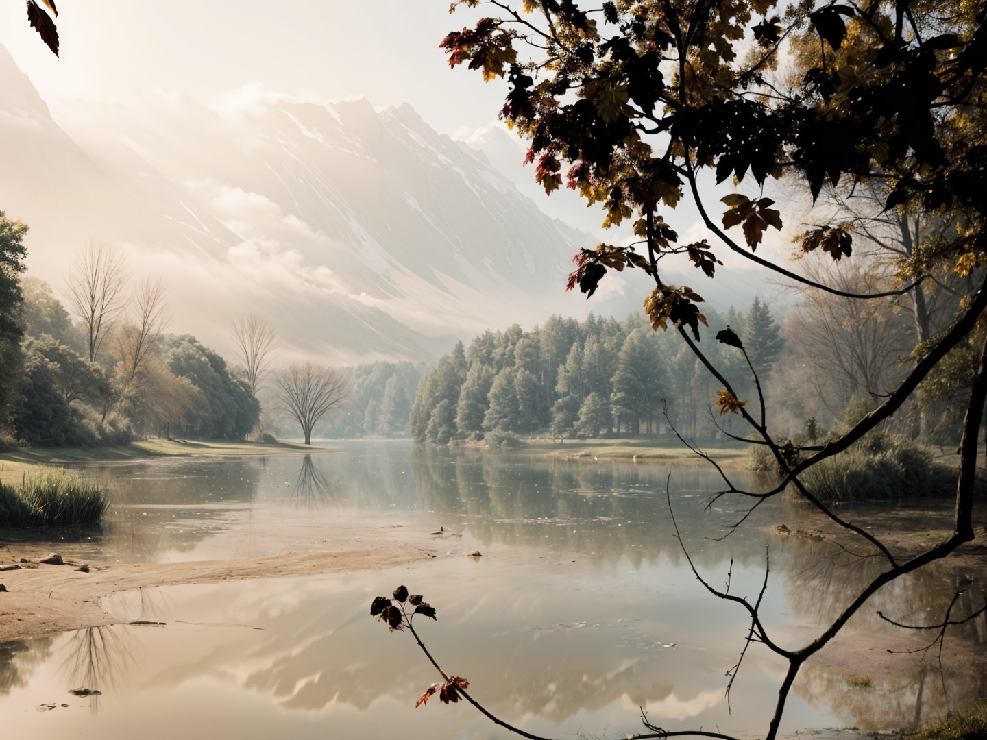 Tranquil Lake and Foggy Mountains in Serene Landscape