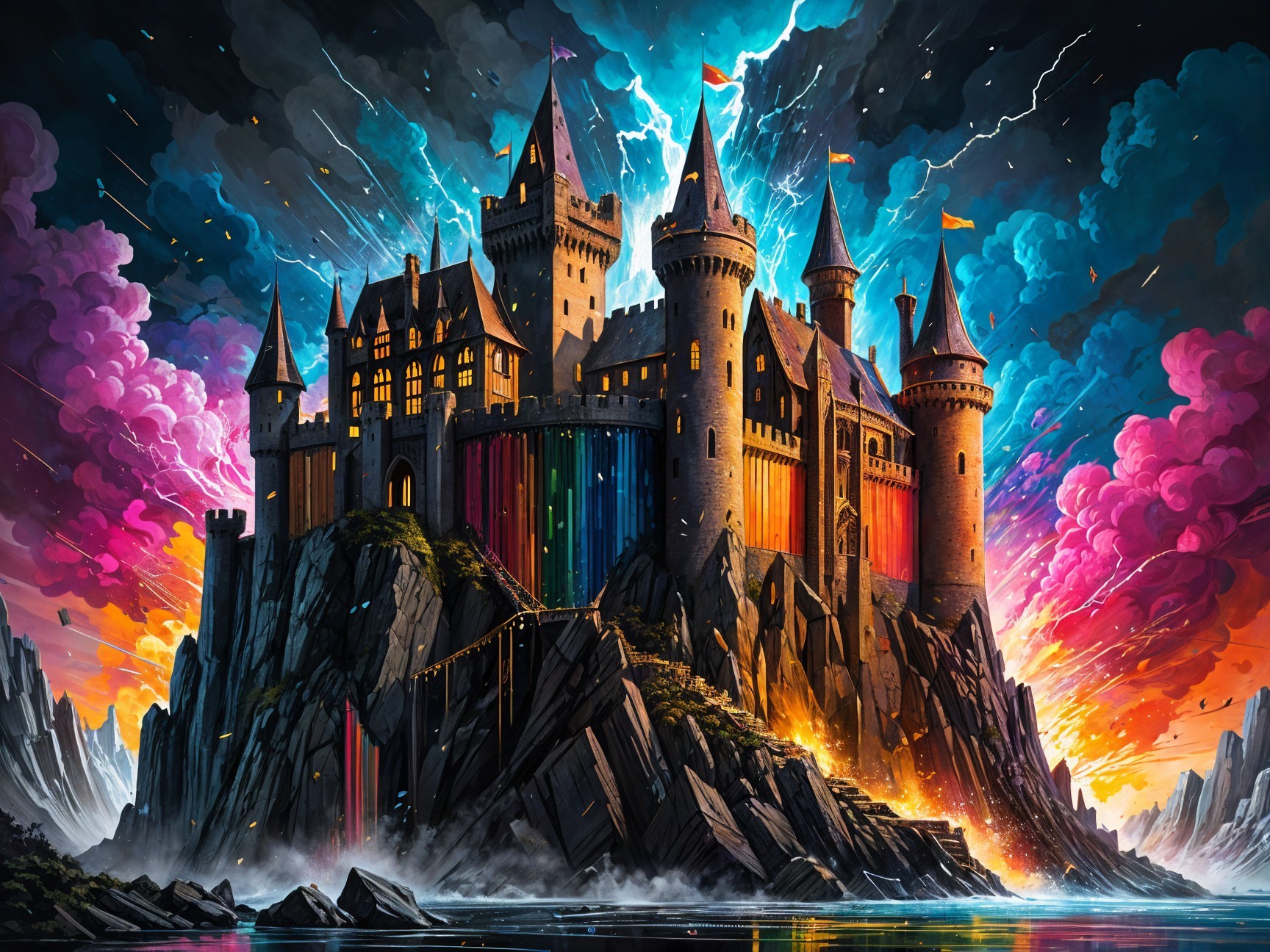 Majestic castle on a cliff with dramatic sky and waters