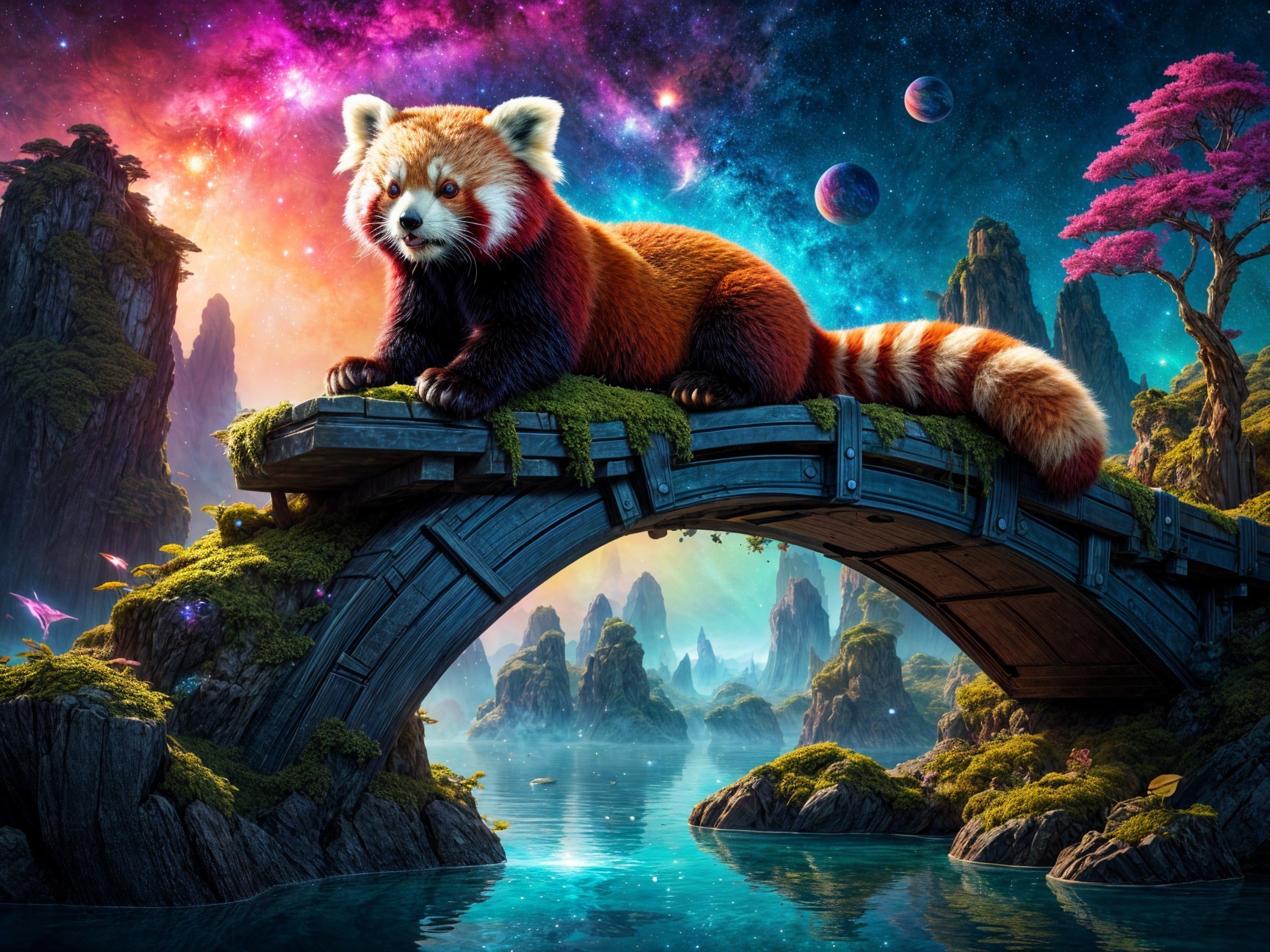 Red panda on wooden bridge in cosmic landscape
