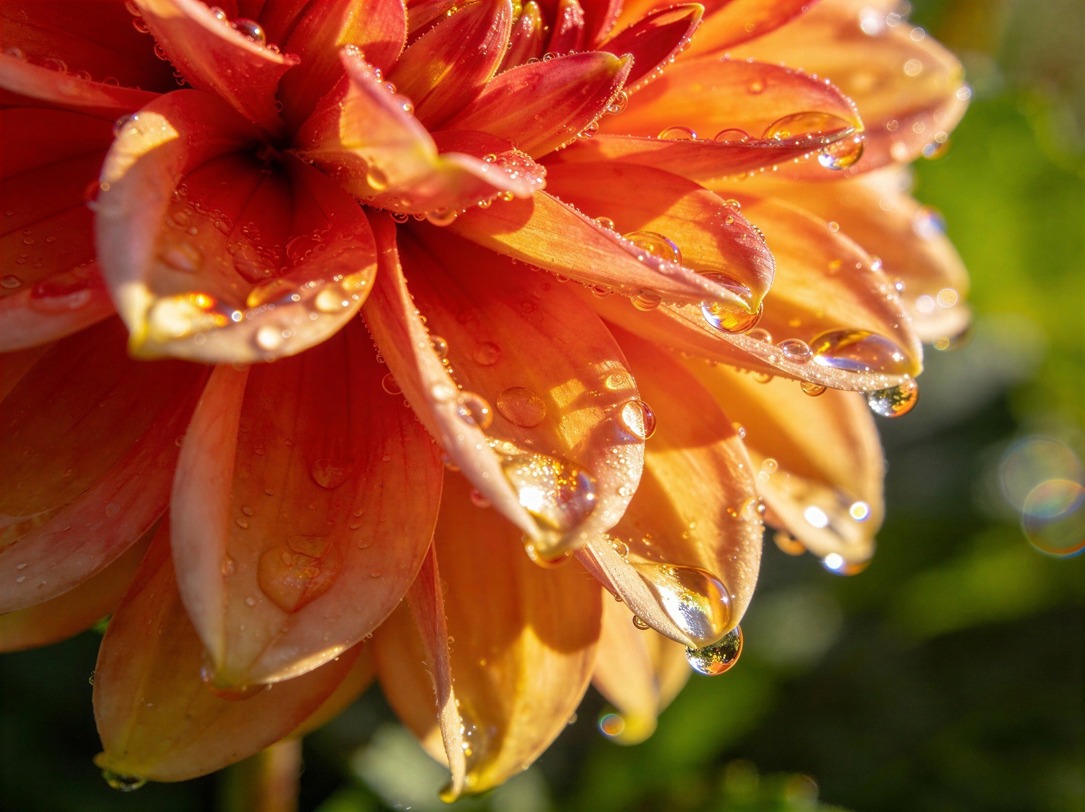 Close-Up of an Orange Dahlia Flower with Dew Drops