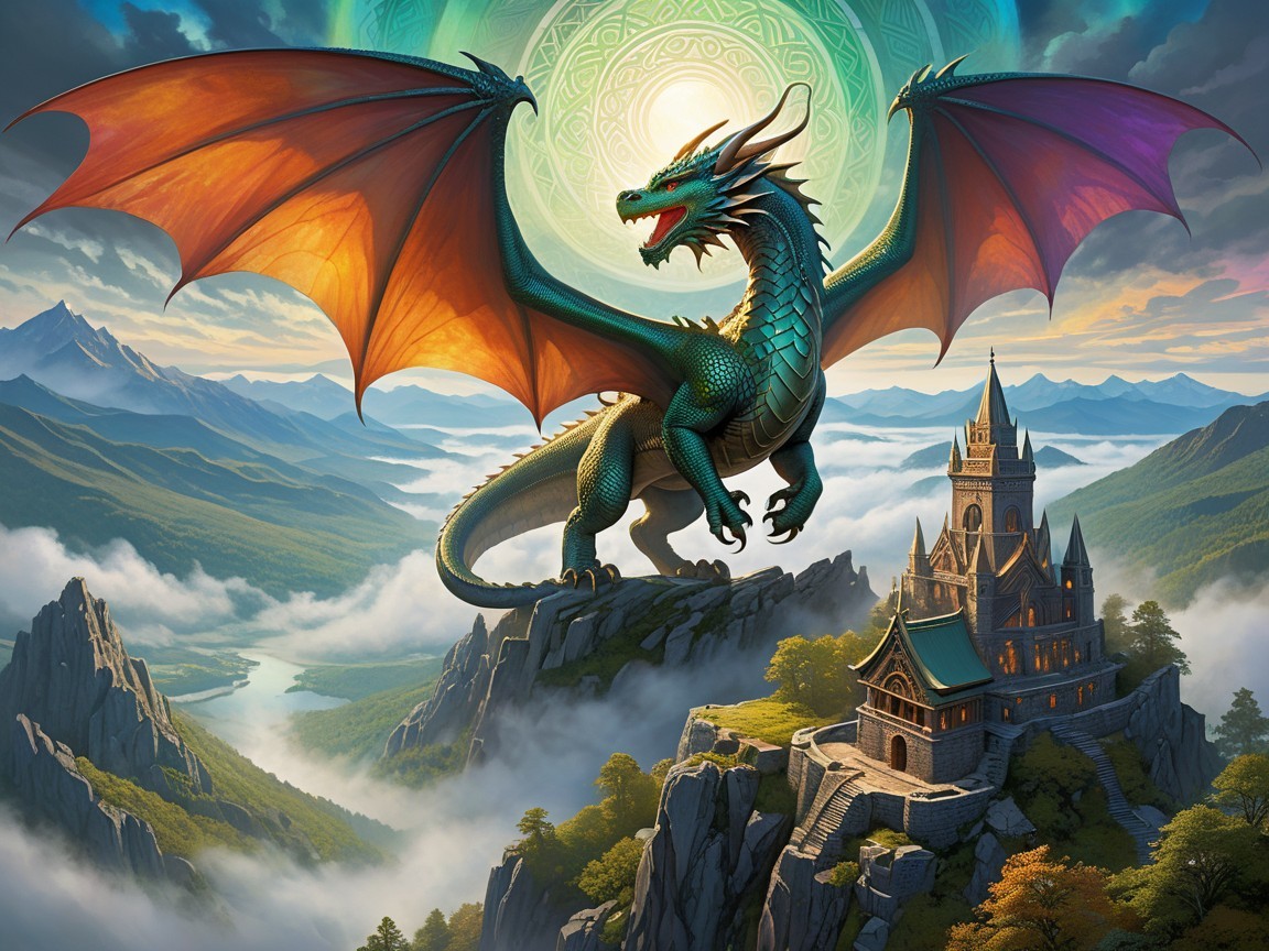 Majestic dragon over mystical landscape with castle