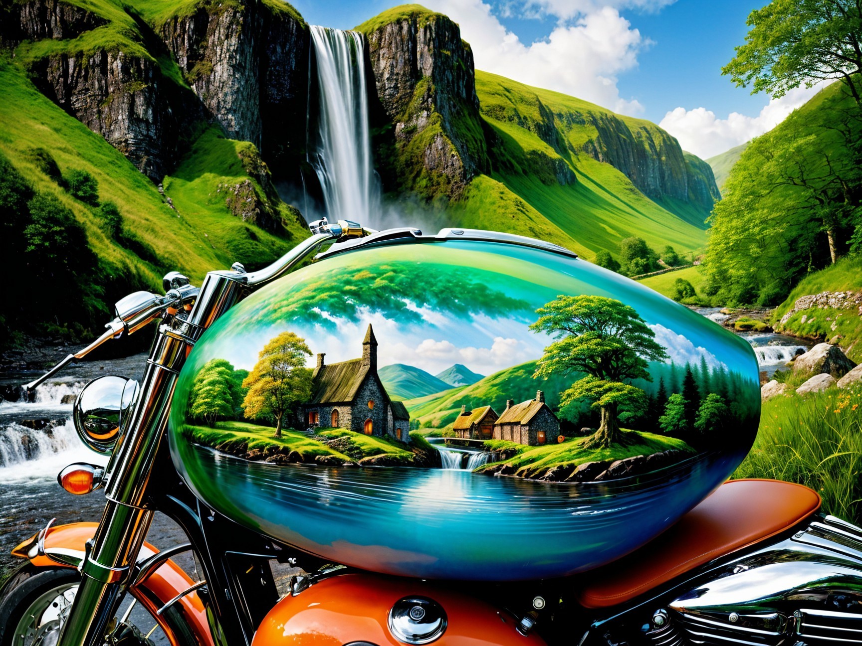 Motorcycle with Landscape Painted Fuel Tank Design