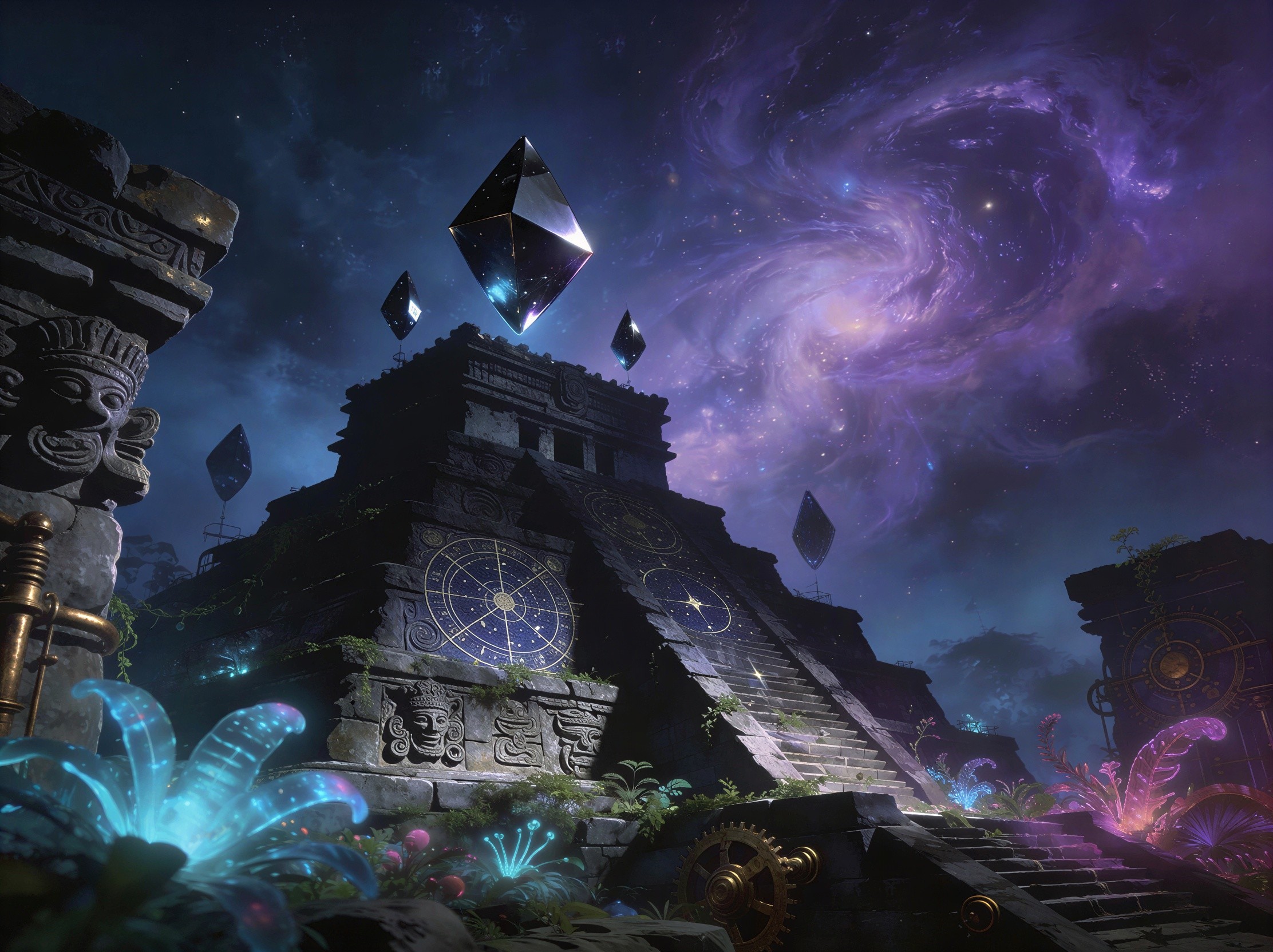 Ancient stone temple pyramid with glowing symbols and crystals