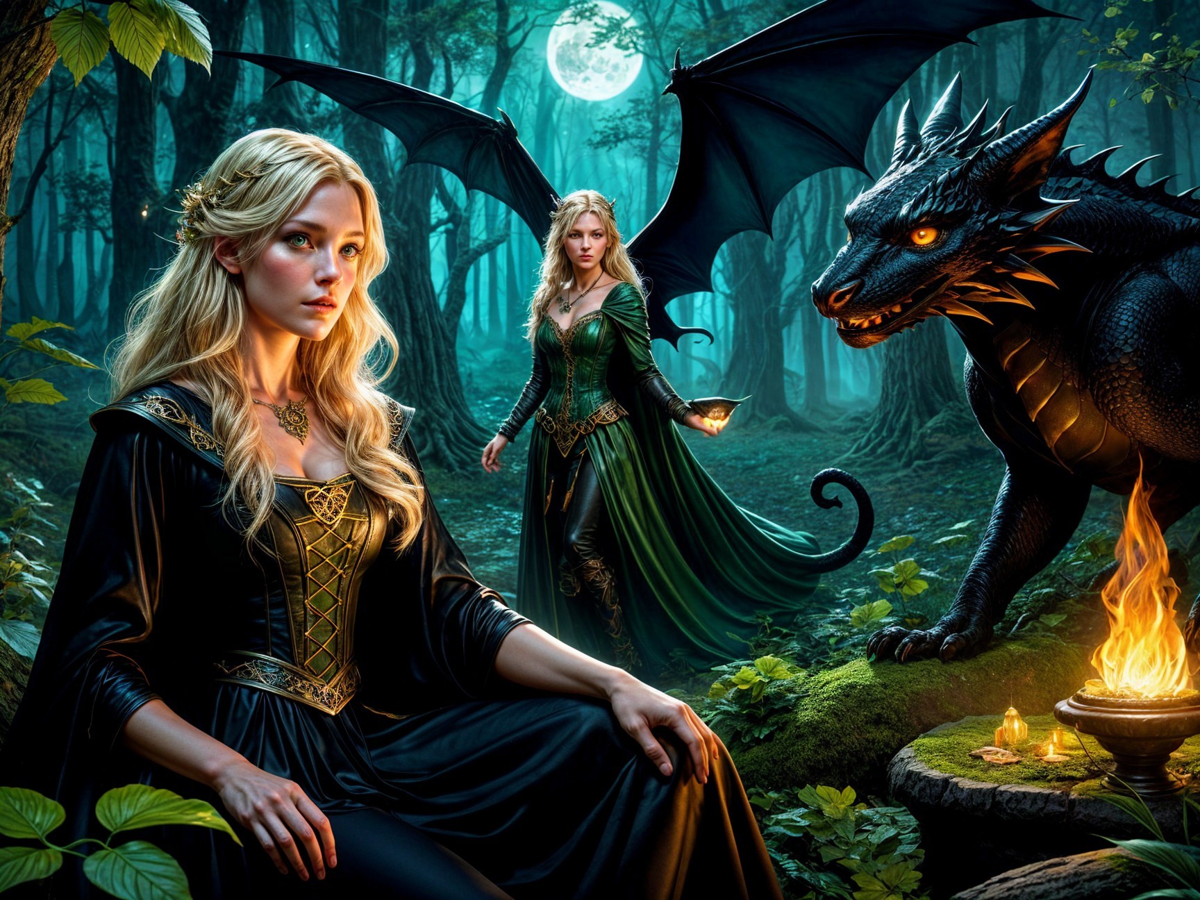 Moonlit Forest Scene with Ethereal Women and Dragon