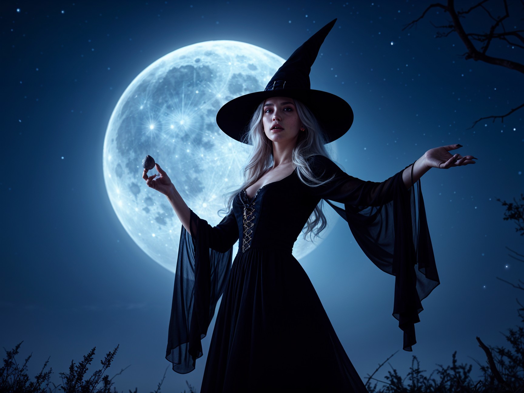 Witch in Black Gown Under Full Moon and Starry Sky