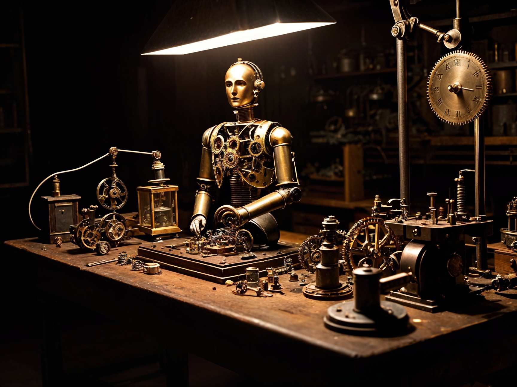 Steampunk Robot Surrounded by Vintage Workshop Tools
