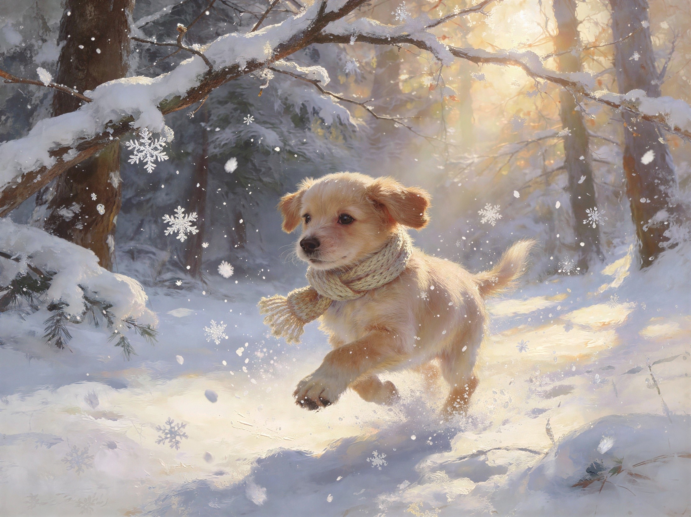 Golden Retriever Puppy in Snowy Winter Forest Scene