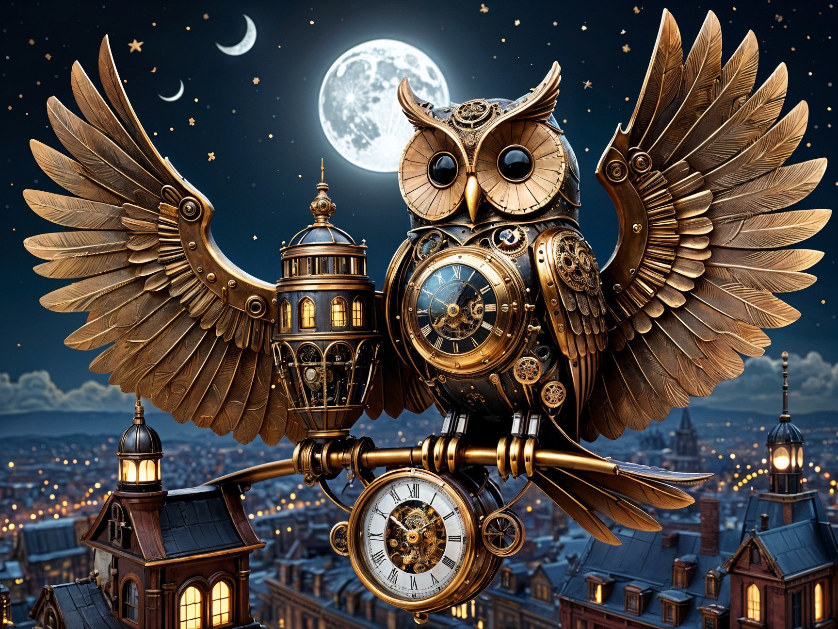Steampunk Owl on Clock Tower Under Starry Sky