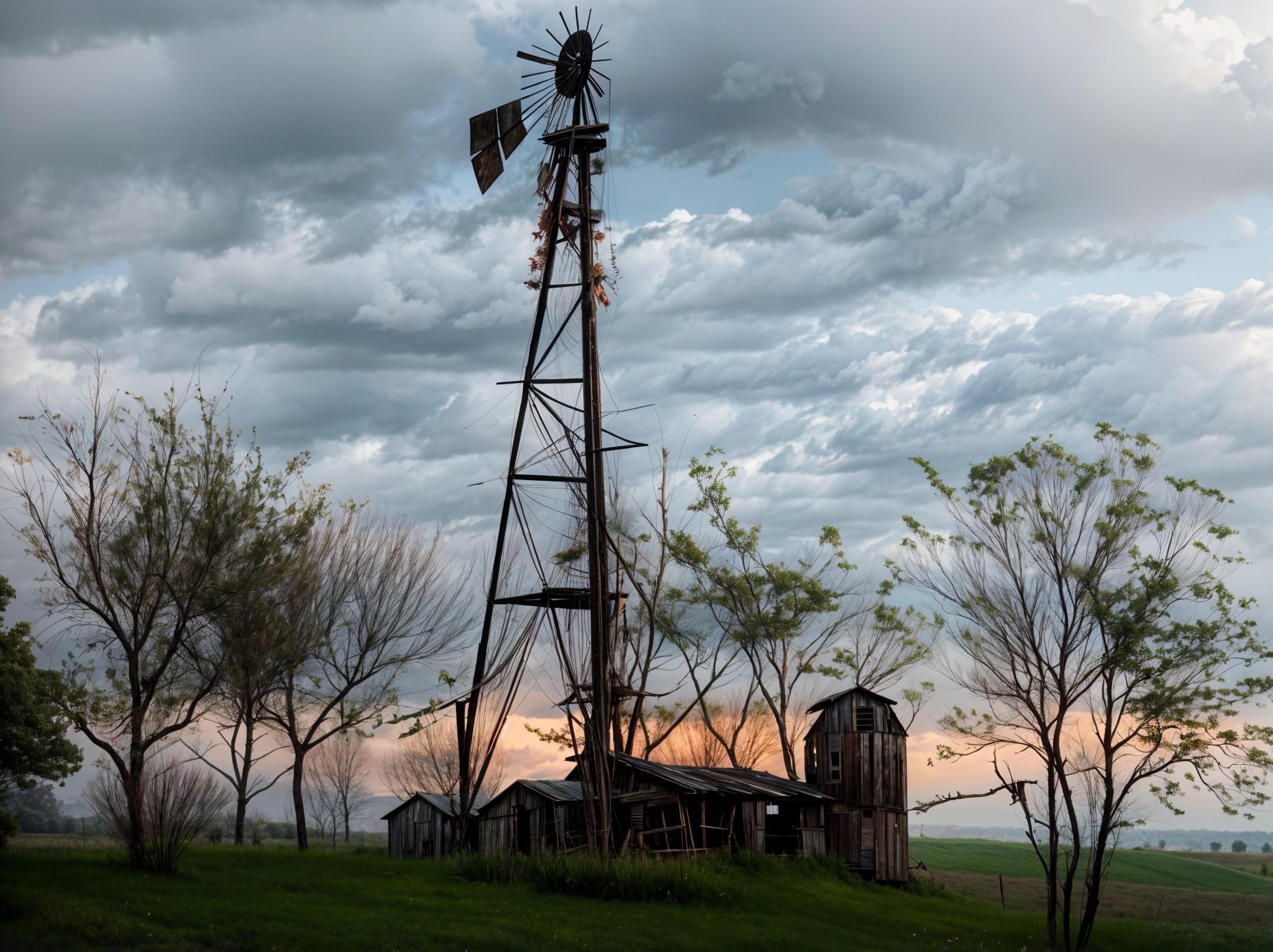 Old windmill and rustic structures in rural landscape