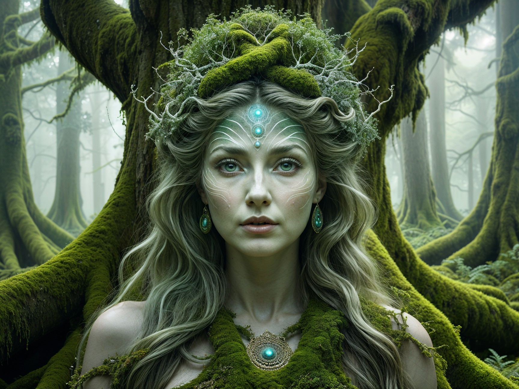 Serene figure in an ancient misty forest setting