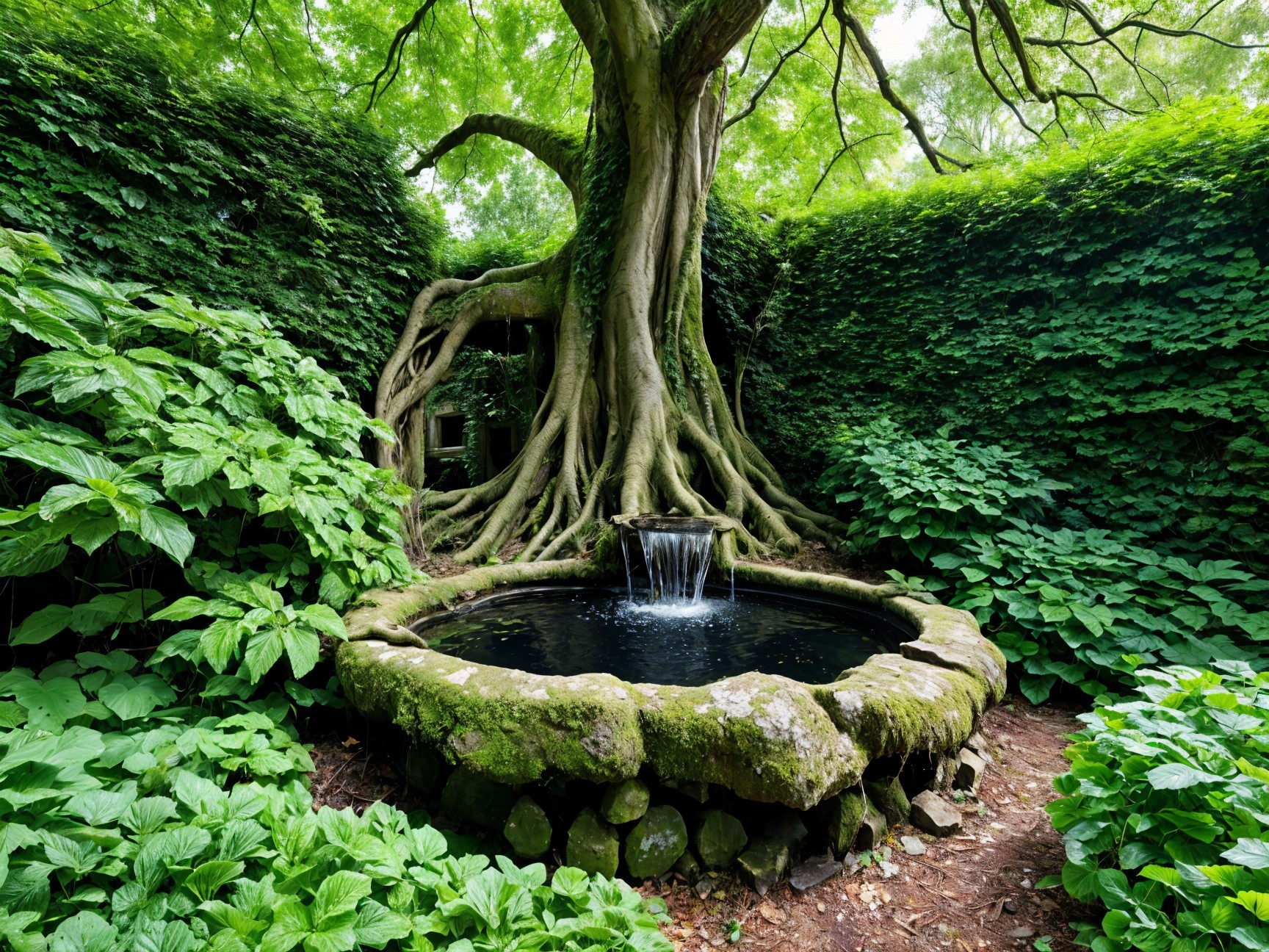 Serene Natural Oasis with Ancient Tree and Well