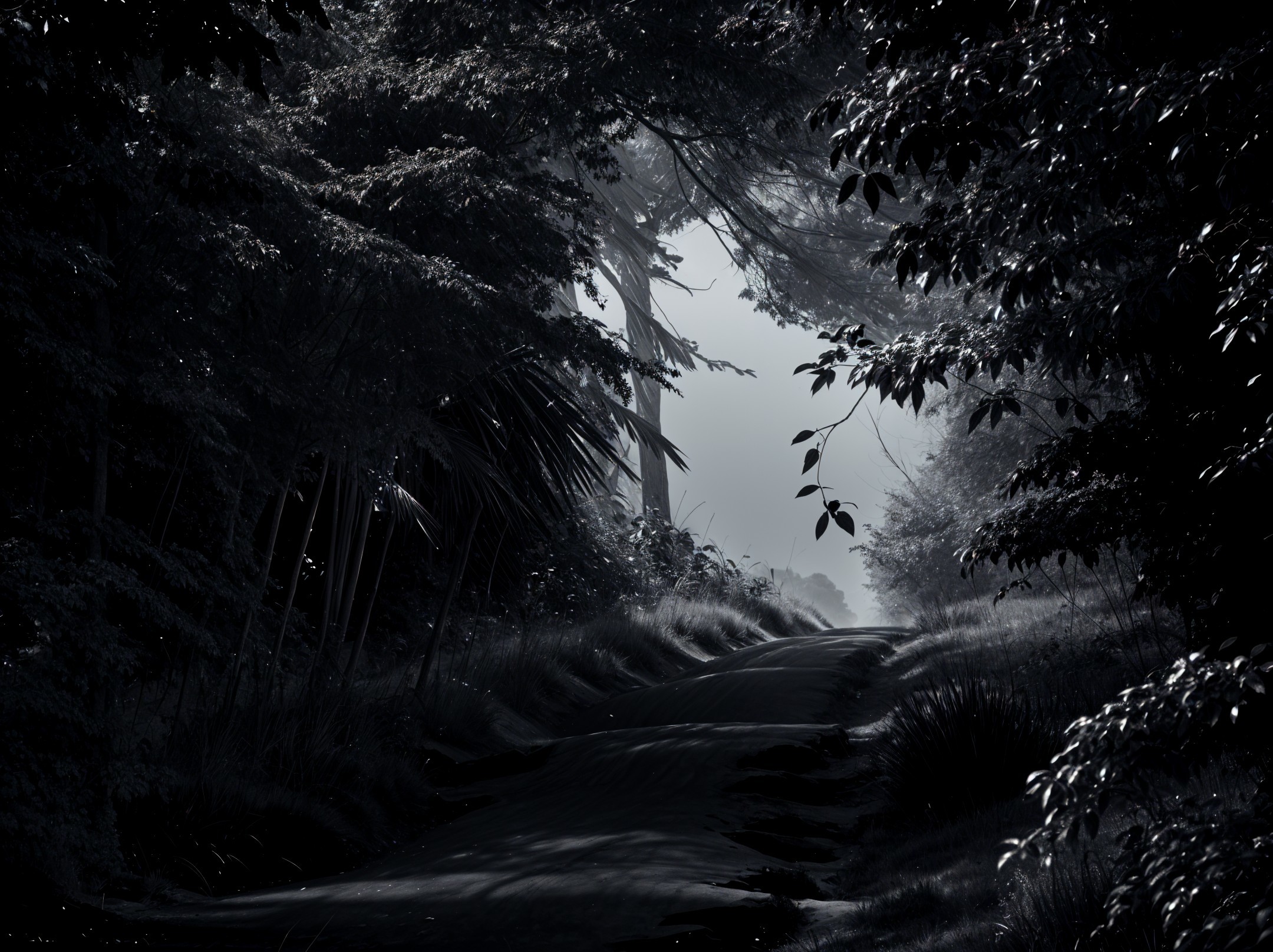 Serene Pathway Through a Misty Forest Landscape
