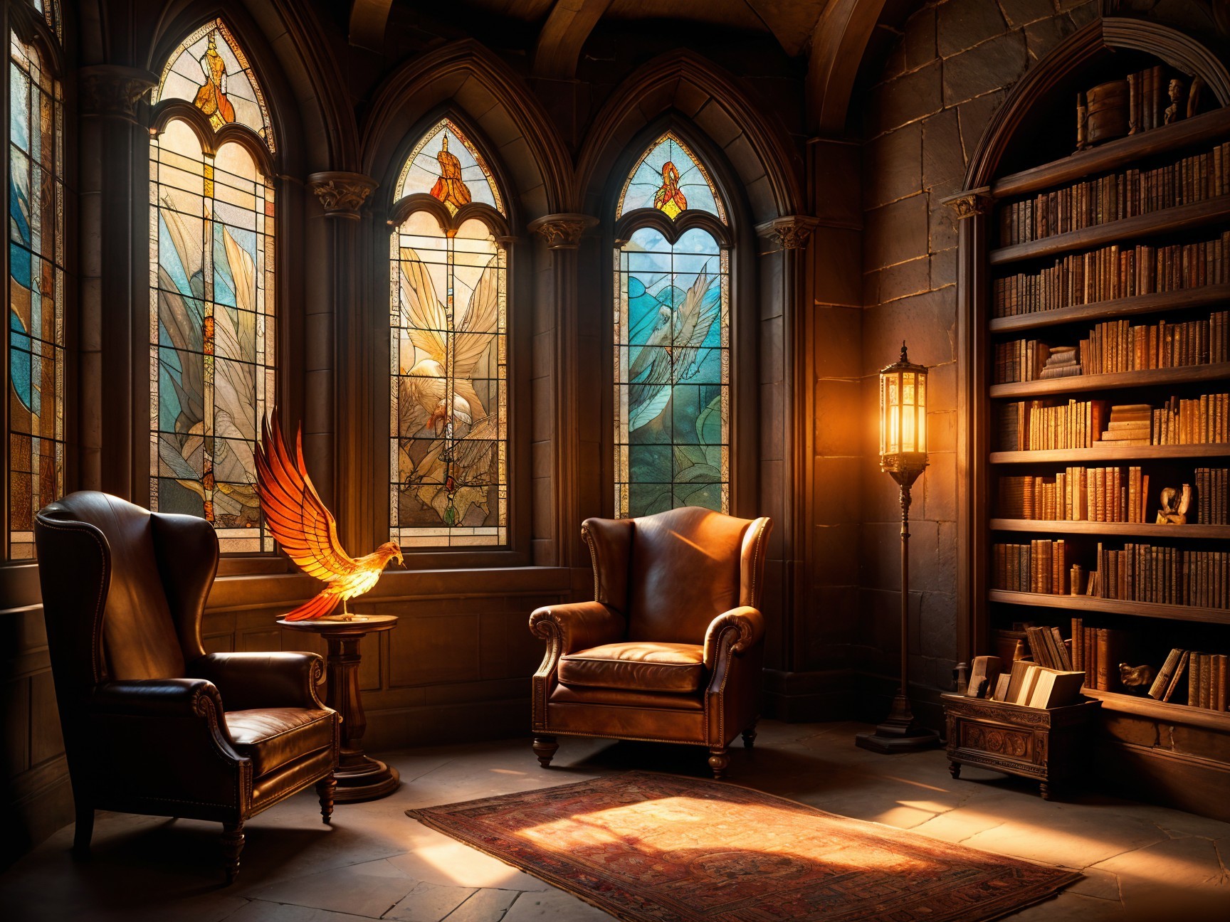 Cozy library with stained glass windows and leather chairs