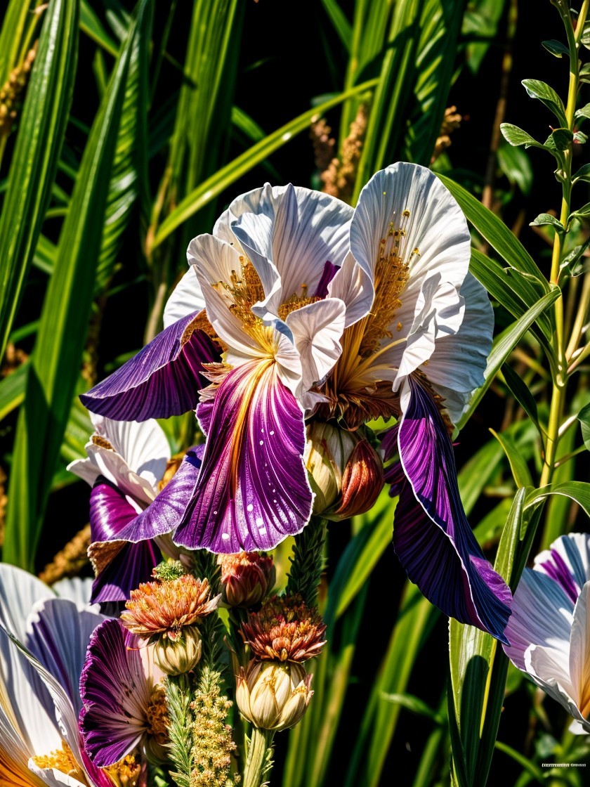 Vibrant Irises with Flowing Petals and Green Foliage