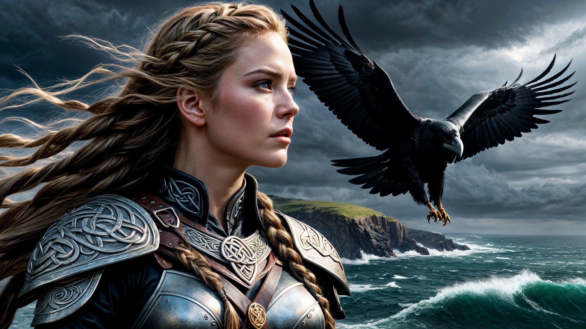 Fierce Warrior Woman Amid Stormy Waves and Ravens