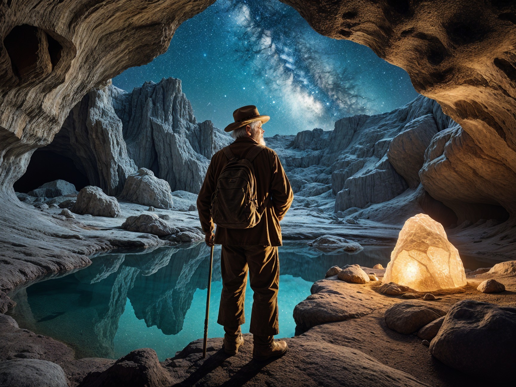 Solitary Figure at Cave Entrance with Illuminated Lake