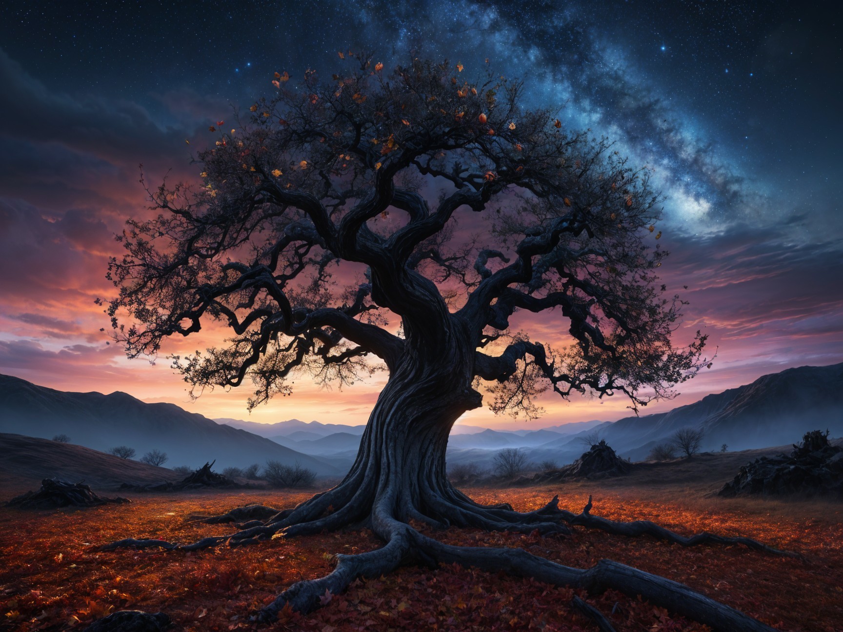 Gnarled Tree Against Vibrant Sunset Landscape
