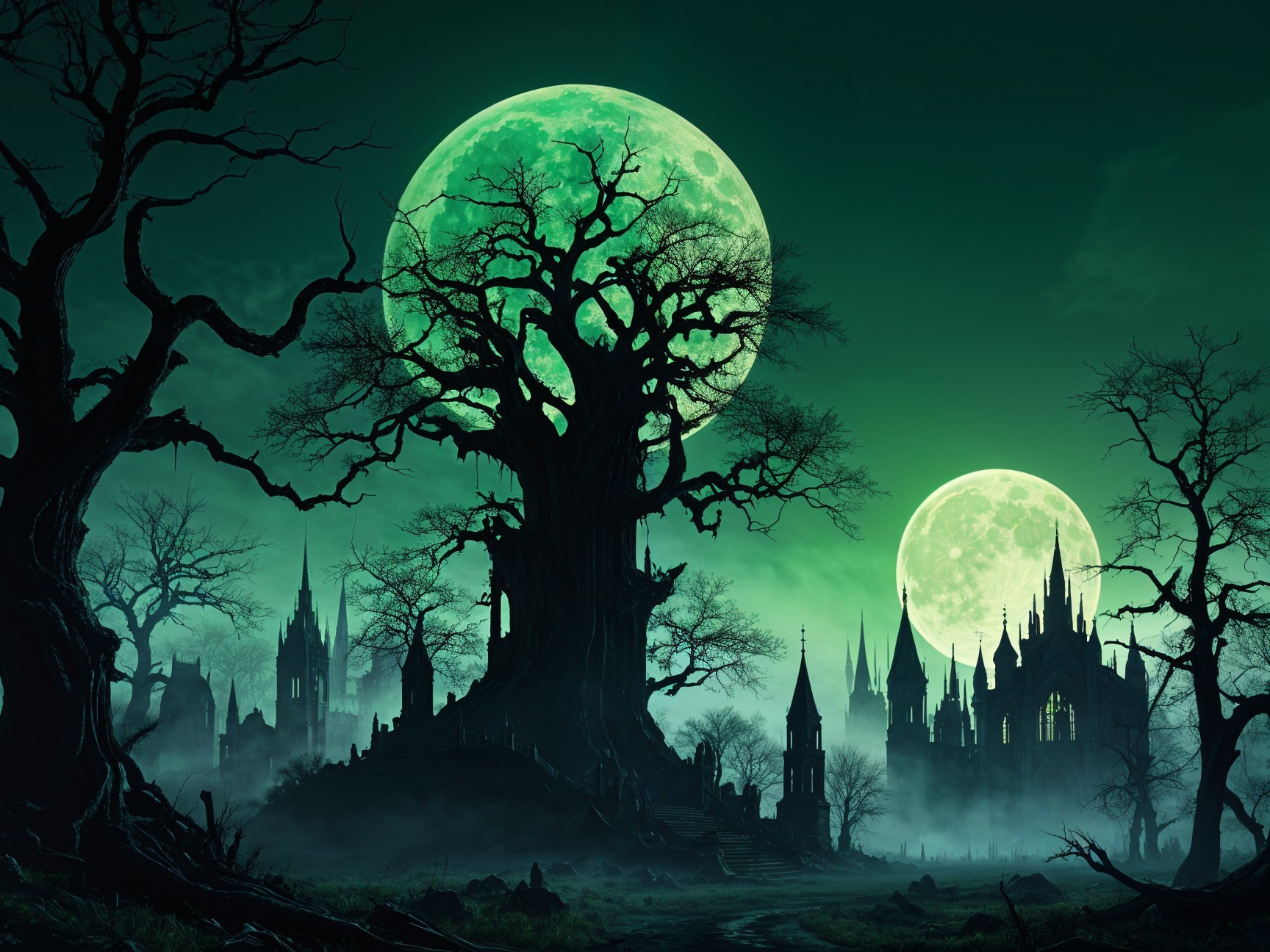 Luminous Green Moon Over Haunting Landscape and Trees