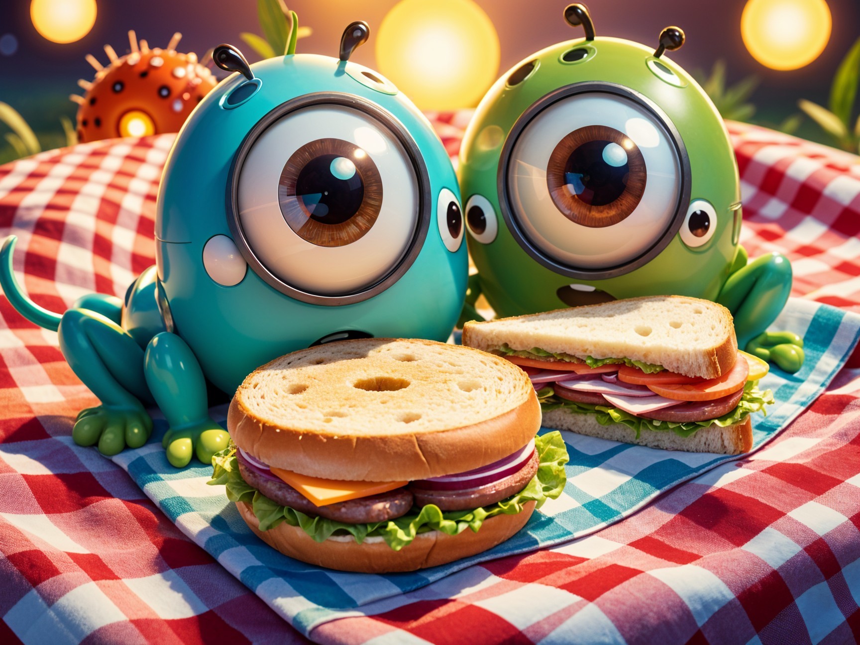 Cartoon Creatures Enjoy Picnic on Checkered Blanket