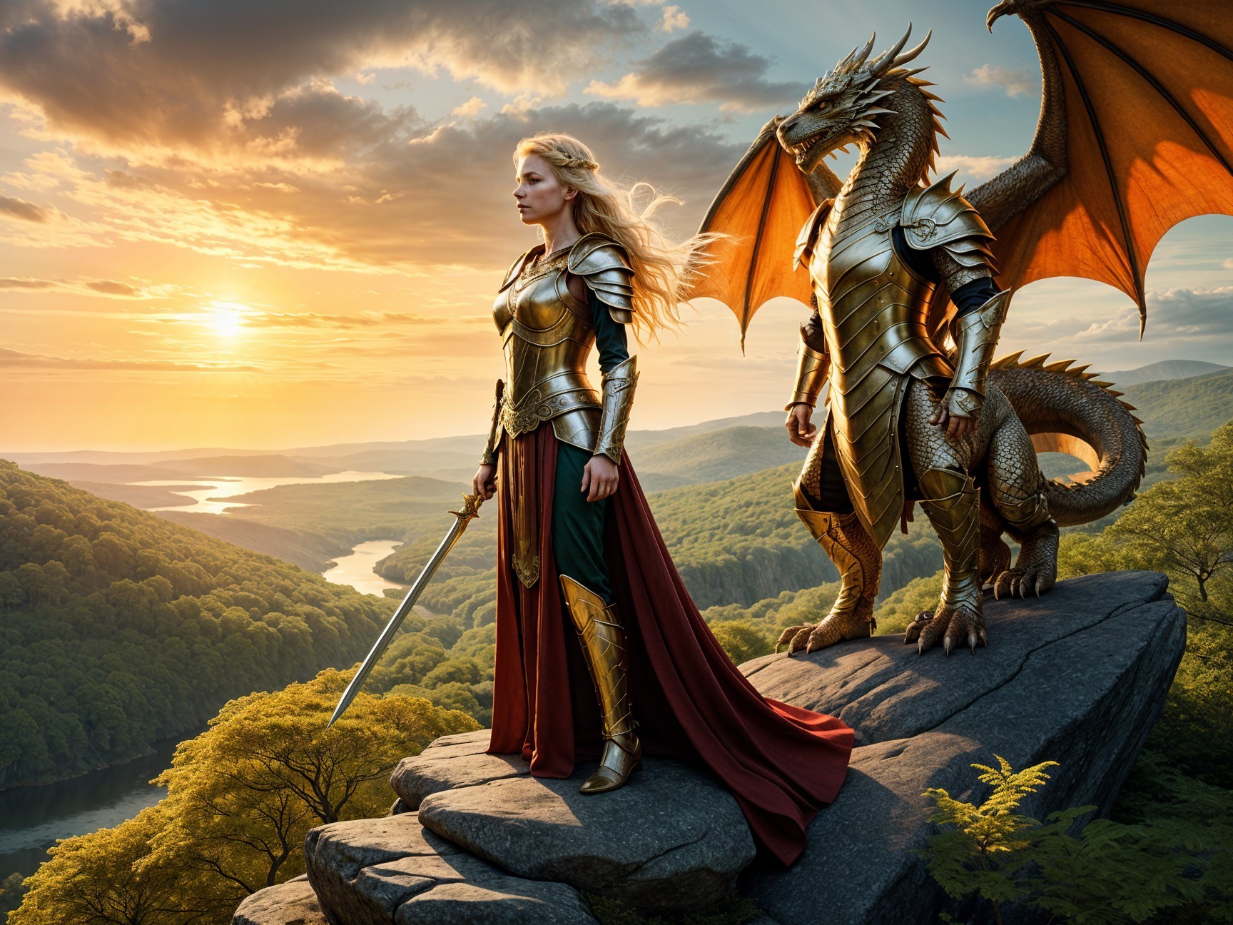 Warrior and Dragon in a Fantasy Landscape at Sunset