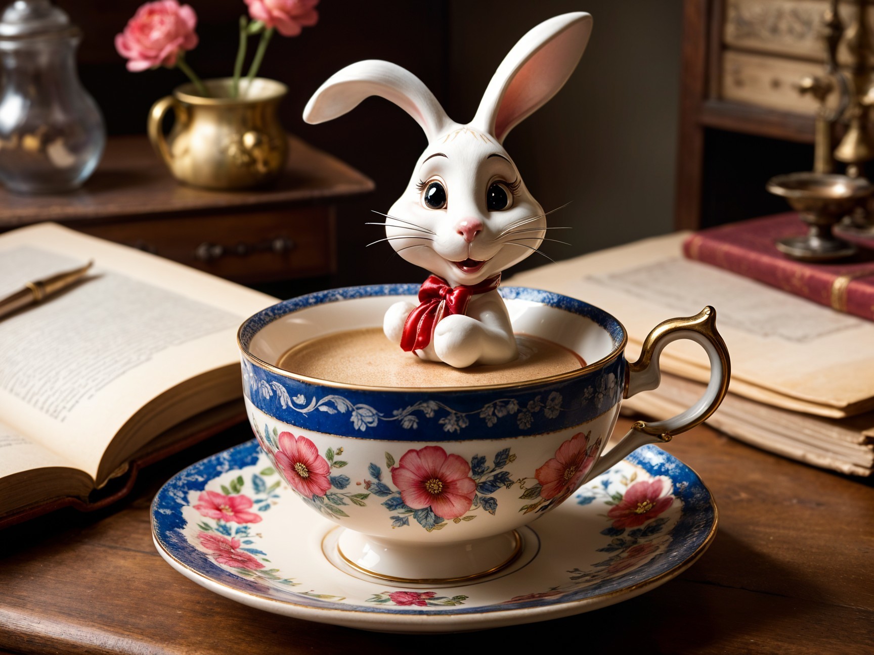 Charming Rabbit Figurine in Floral Teacup Scene