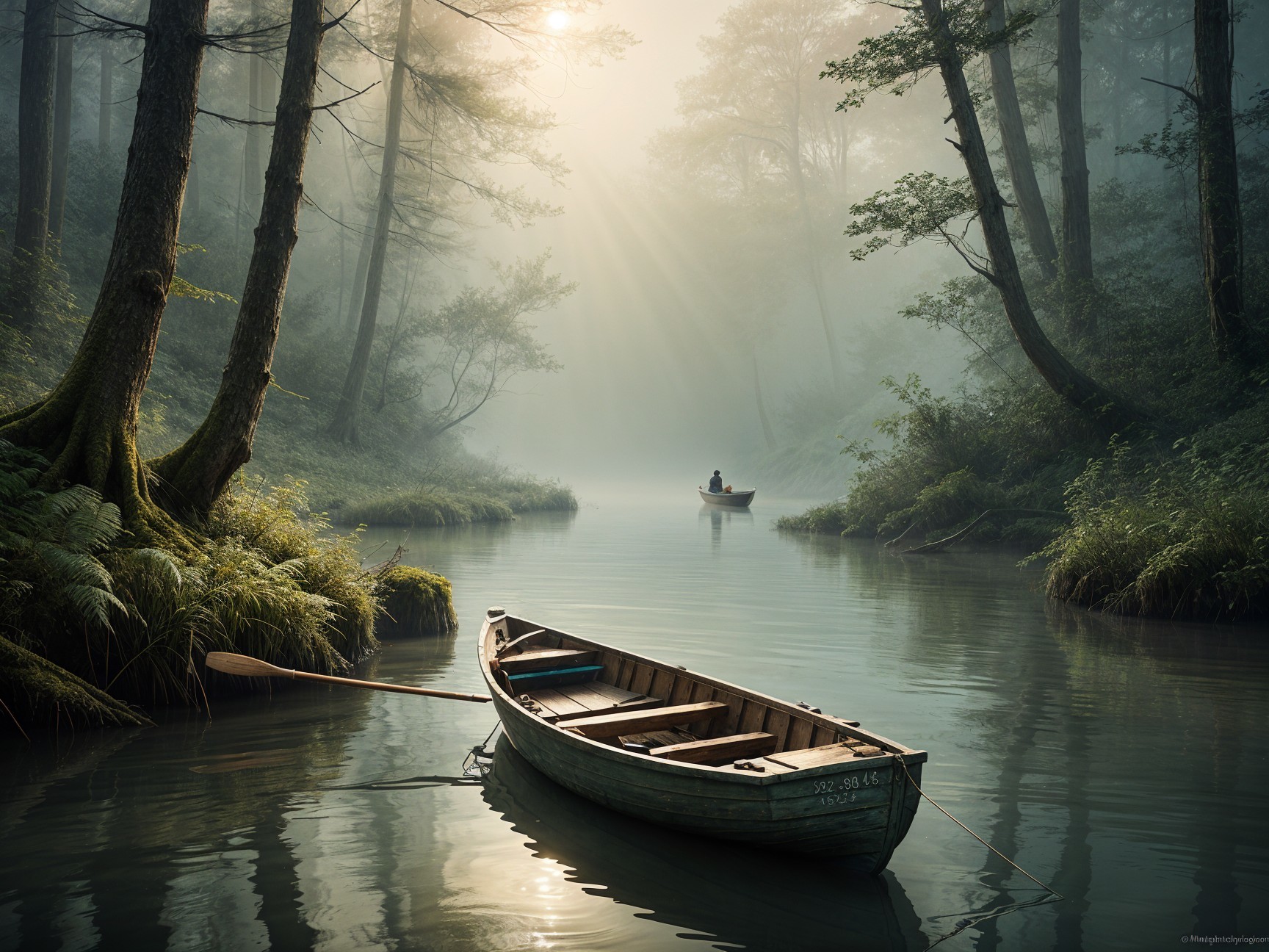 Tranquil River Scene in a Misty Forest Setting