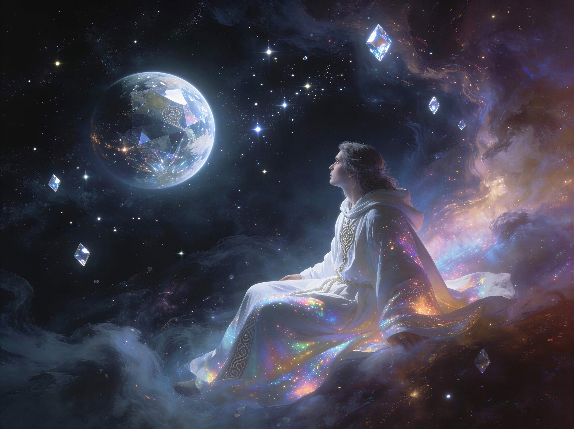 Person in Cloak on Clouds with Crystalline Planet View