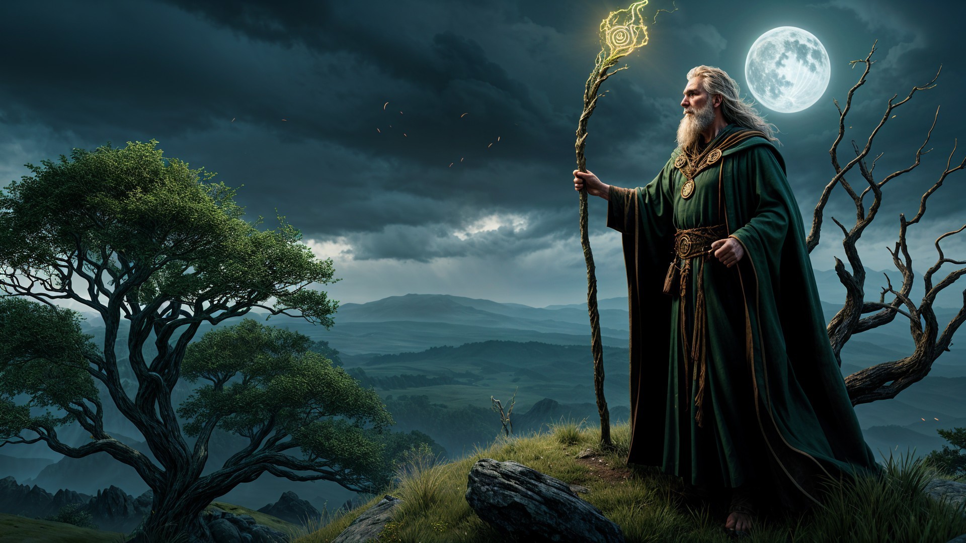 Elderly wizard on hillside with glowing staff and moonlight