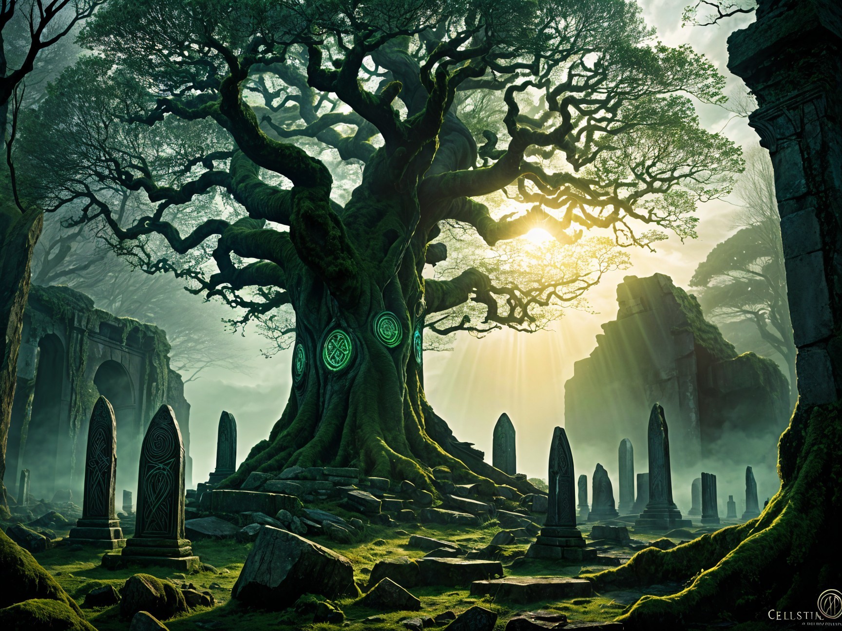 Ancient Tree Surrounded by Stone Ruins and Moss