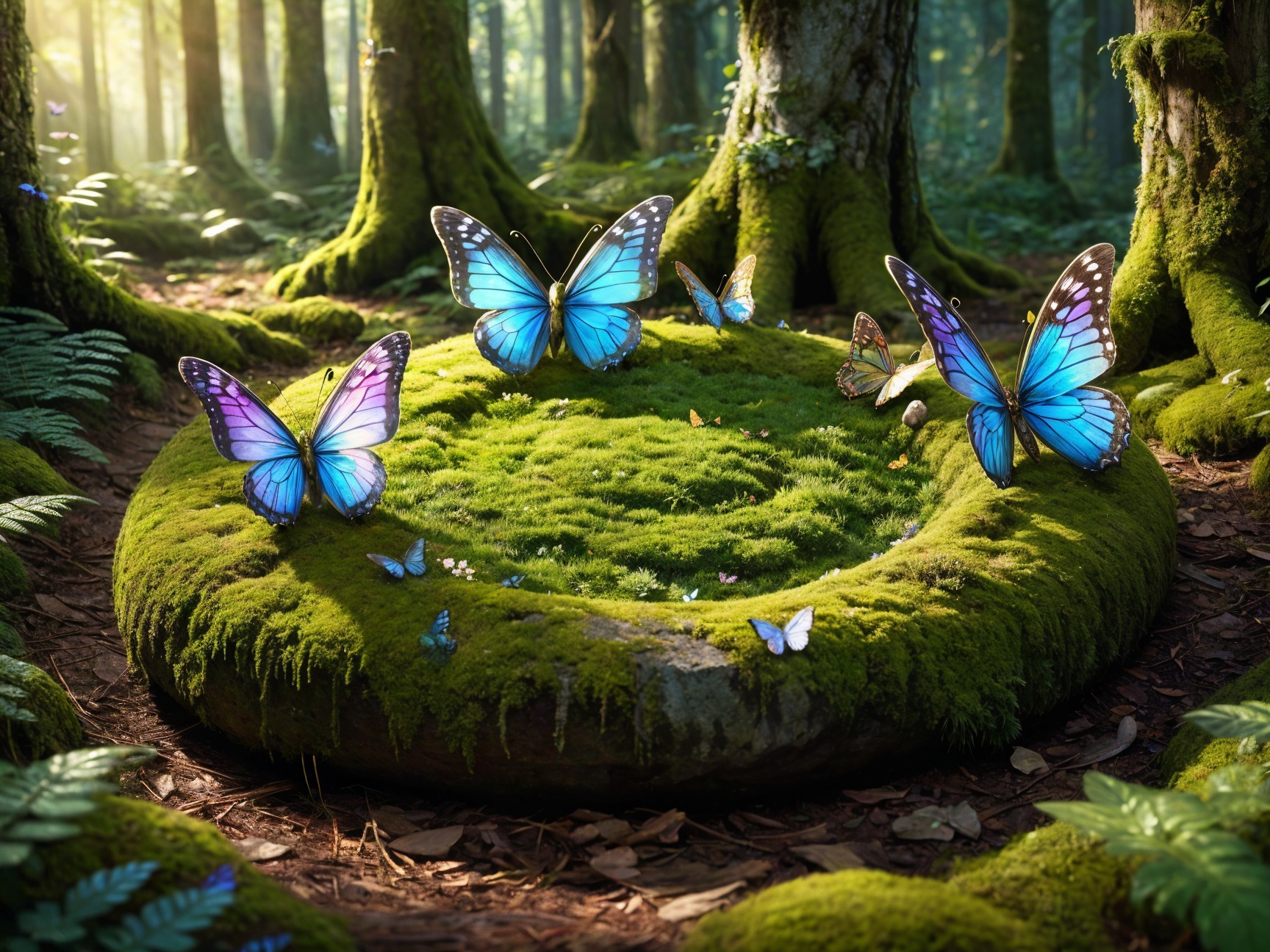 Butterflies on a Moss-Covered Stone in a Forest
