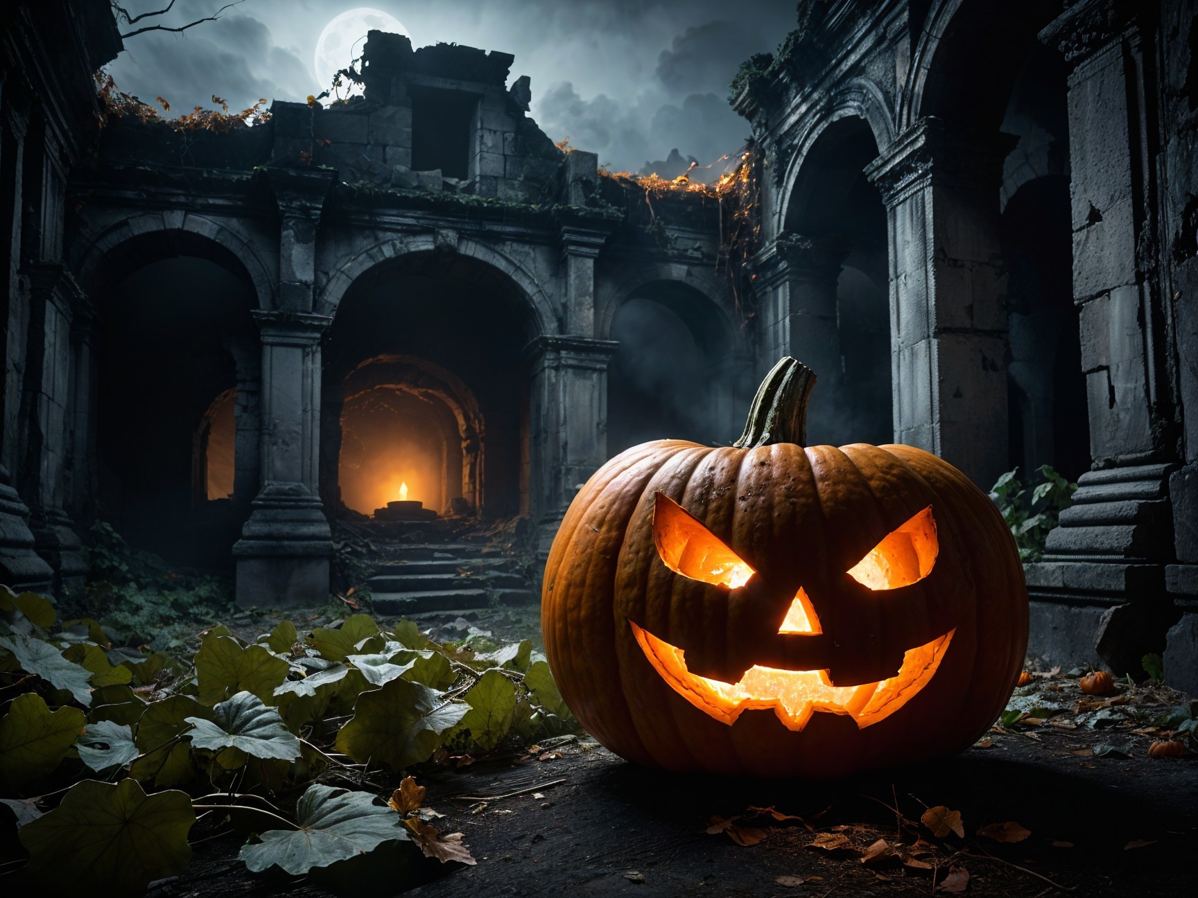 Glowing Pumpkin Surrounded by Ancient Ruins and Moonlight