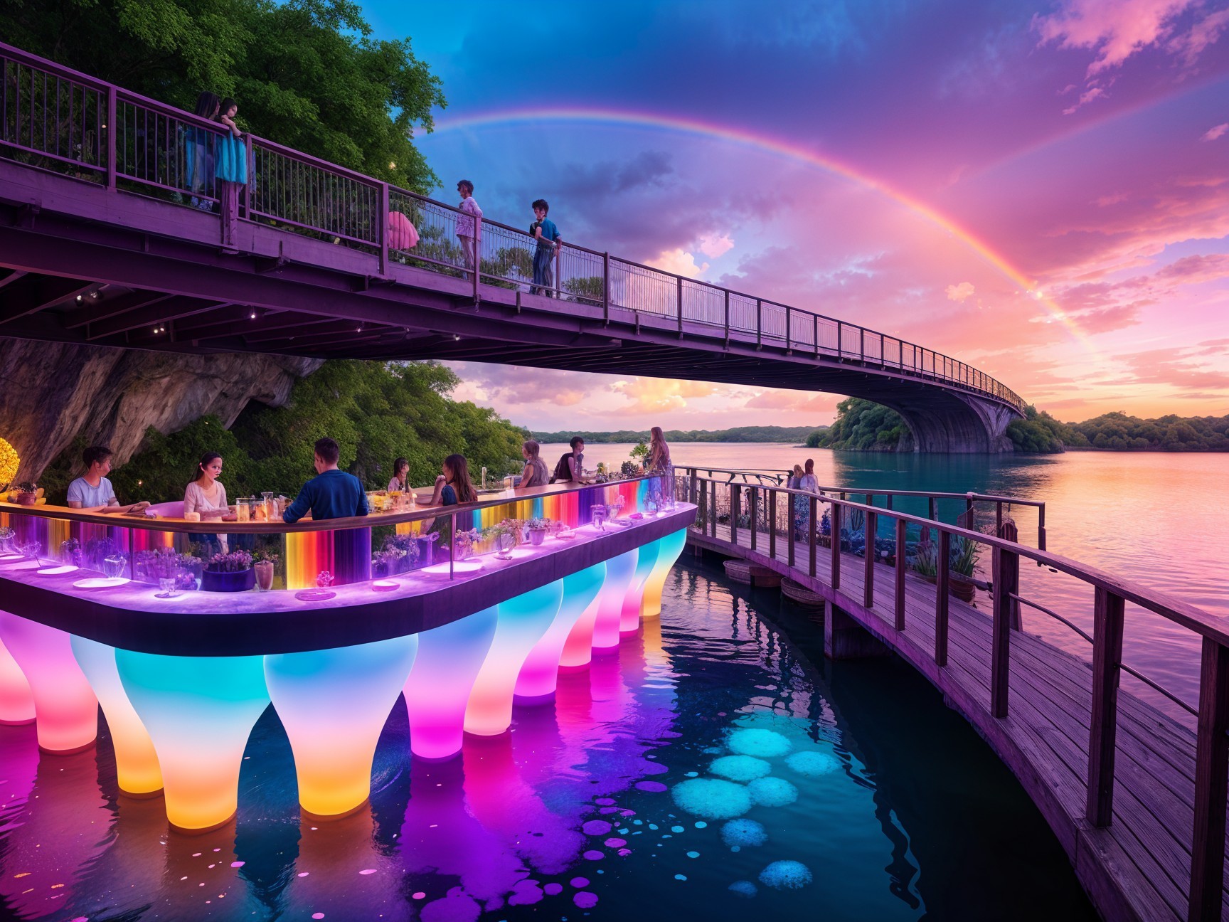 Vibrant Bar by Water with Scenic Sunset and Bridge