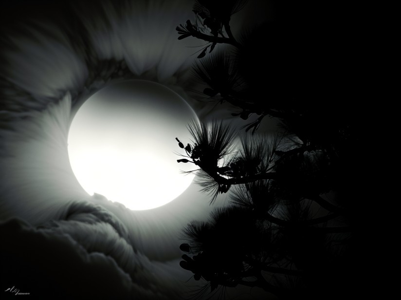 Oversized Sun with Dark Clouds and Pine Silhouettes