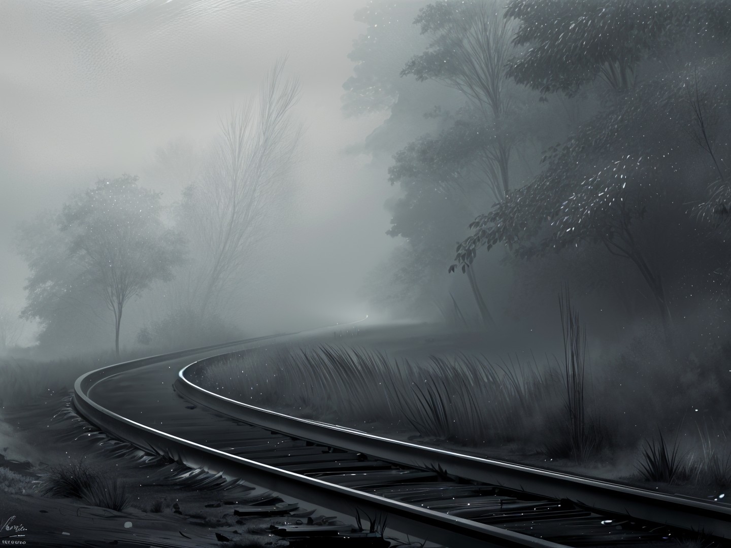 Monochromatic Landscape with Fog and Railway Track