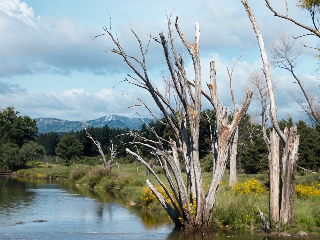 Serene River Landscape with Trees and Wildflowers