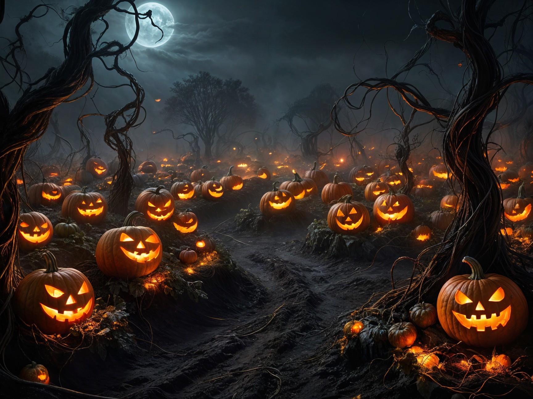 Haunting Pumpkin Patch Under Full Moonlight