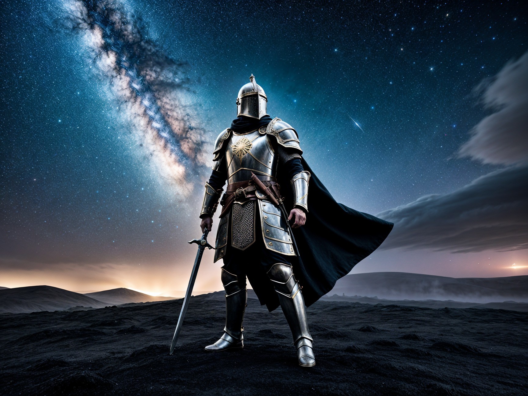 Knight in Armor Against Starry Cosmic Landscape
