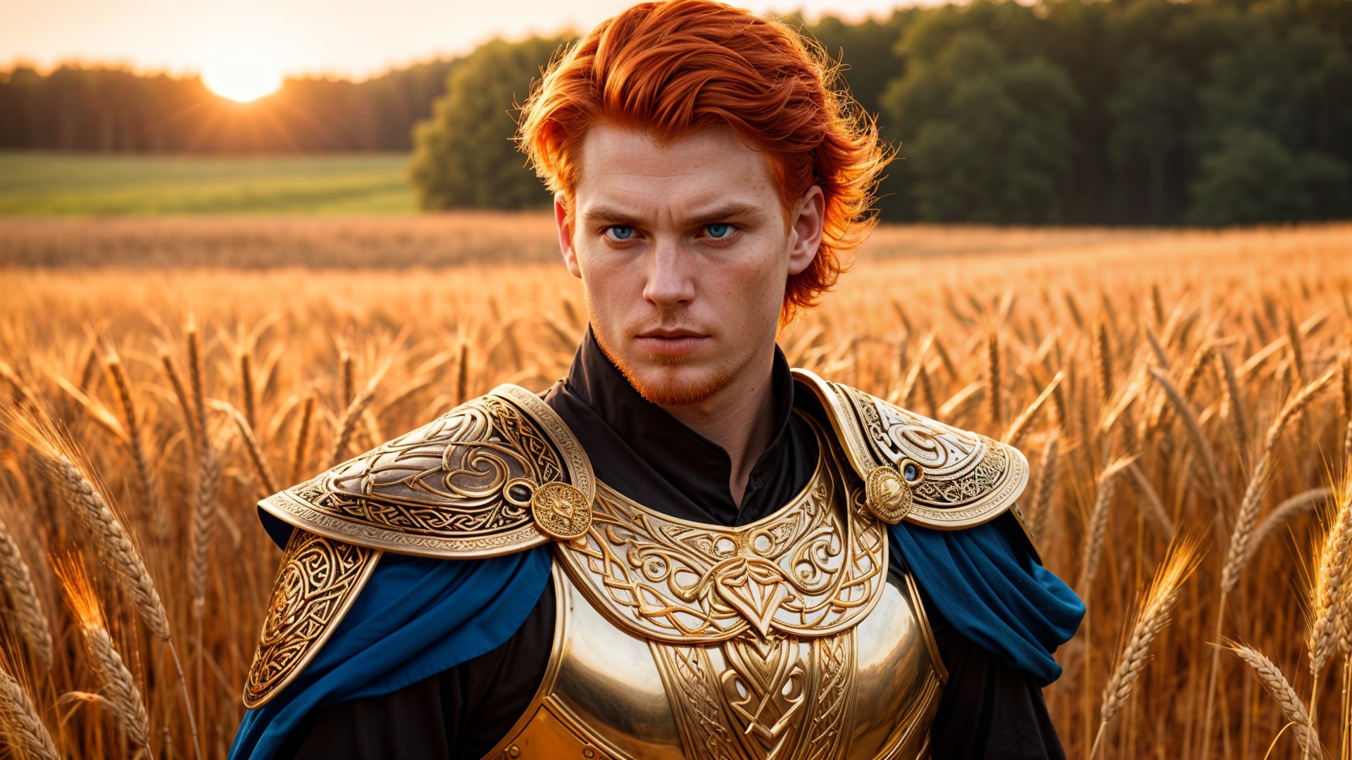Young Warrior in Golden Wheat Field at Sunset