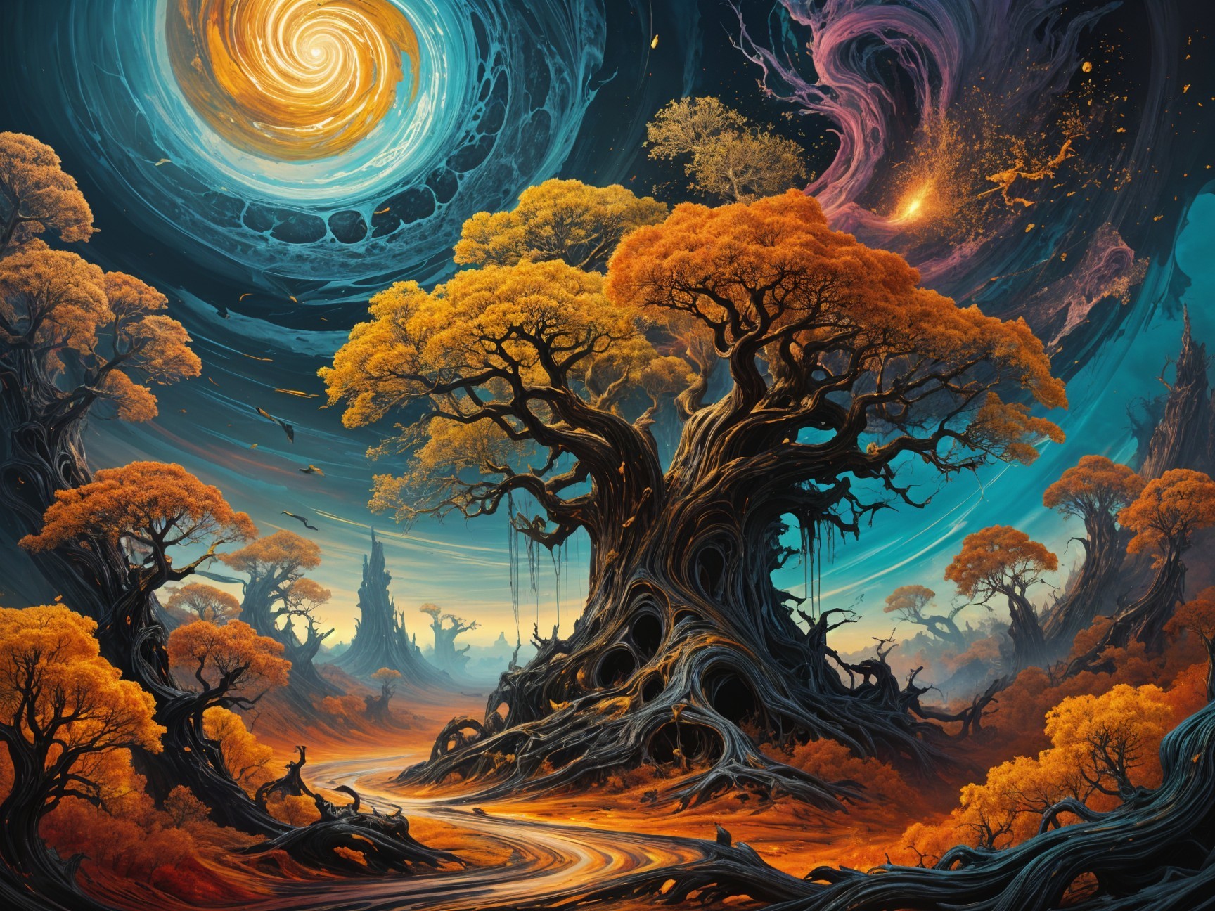 Surreal Landscape with Ancient Tree and Cosmic Elements
