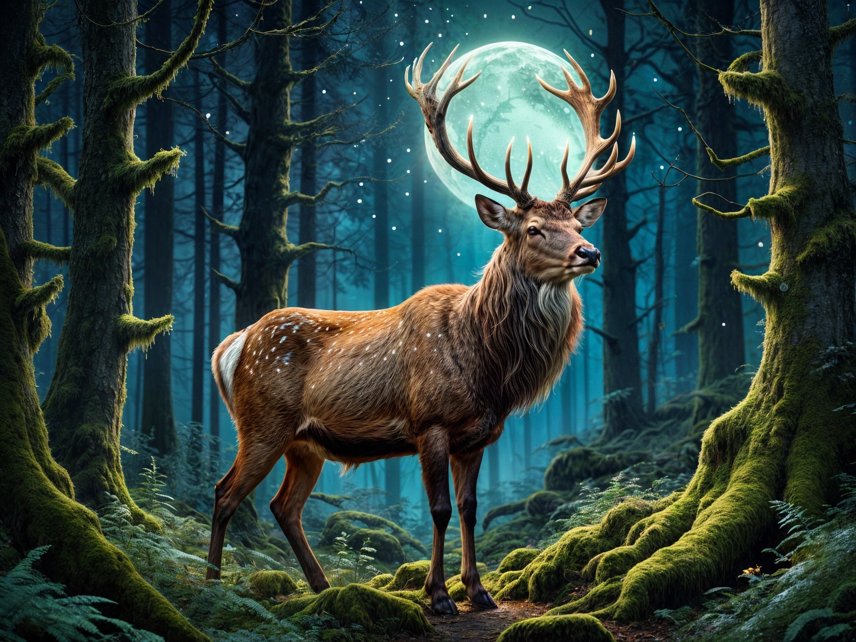 Majestic stag in a moonlit mystical forest setting