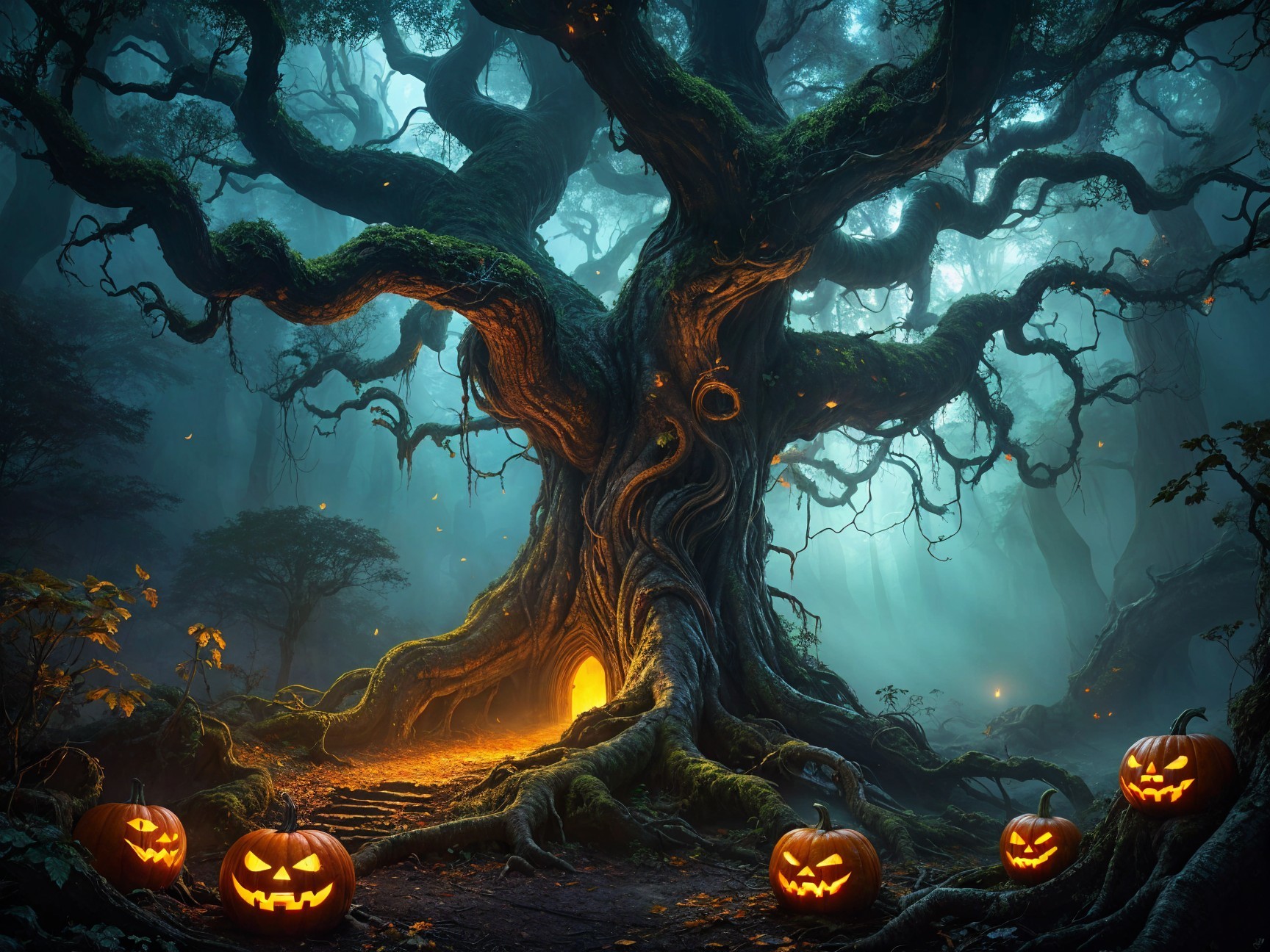 Ancient Tree in Enchanted Forest with Carved Pumpkins