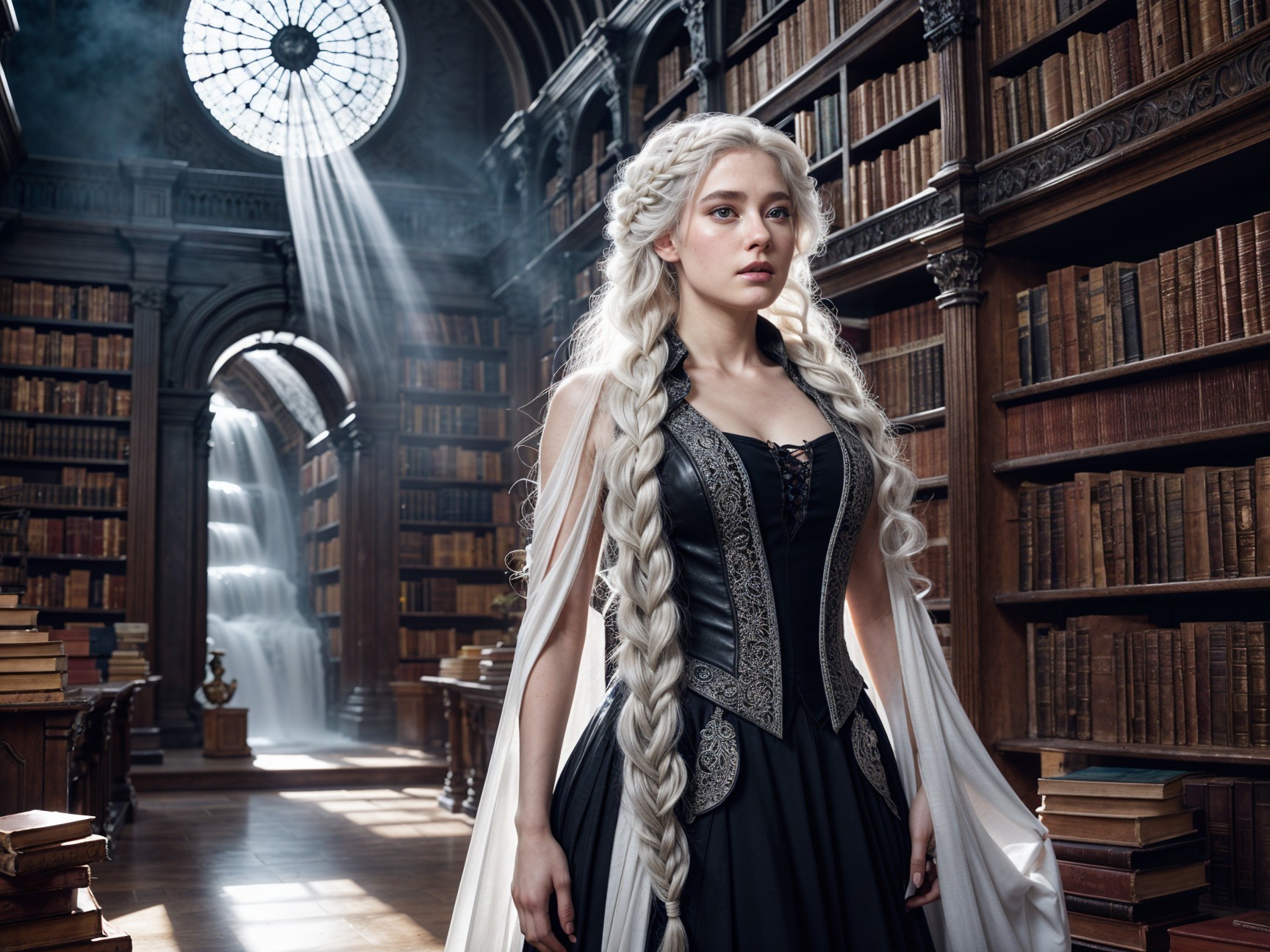 Elegant Library Scene with Silver-Haired Woman
