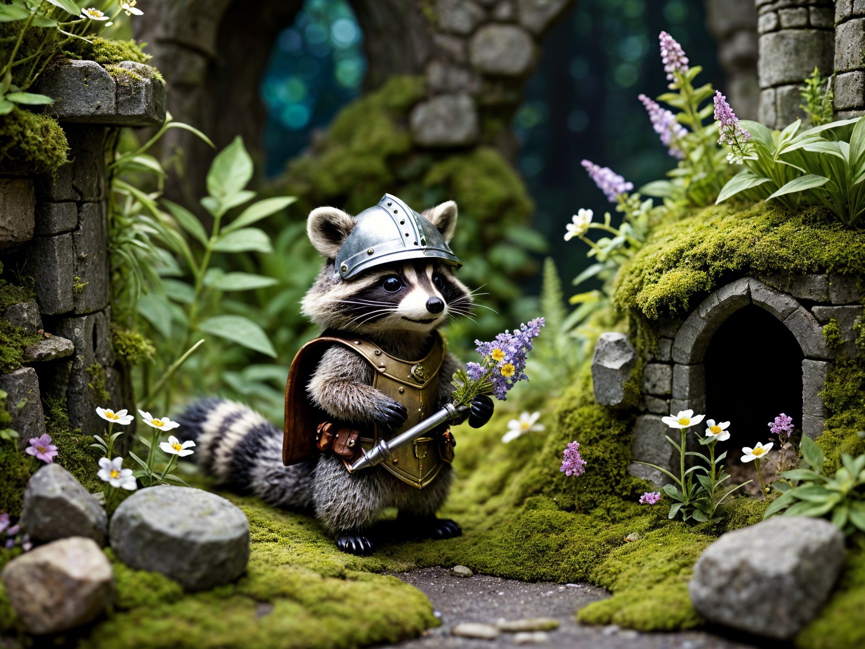 Raccoon Knight in Enchanted Forest with Stone Ruins