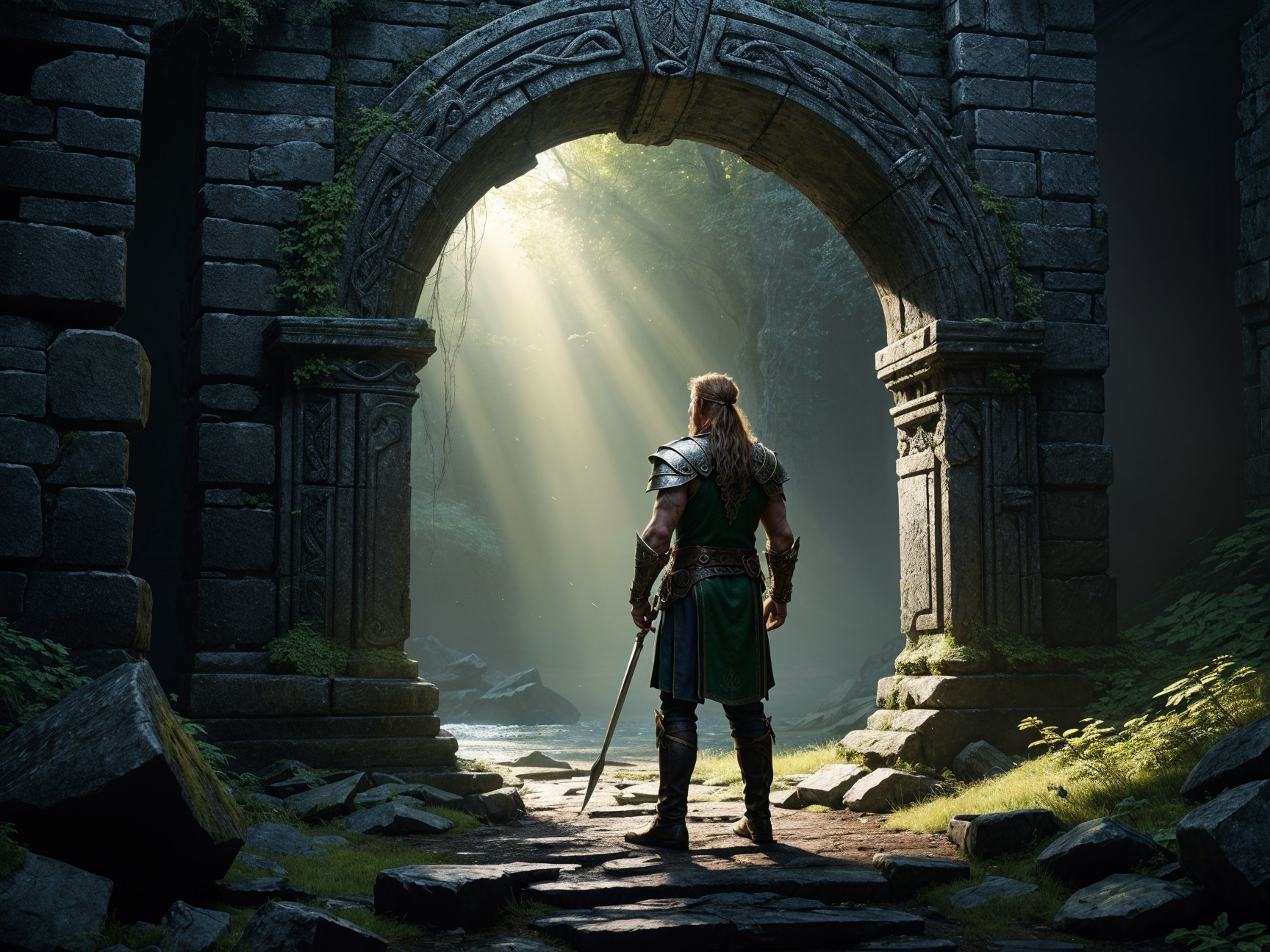 Lone Warrior at Moss-Covered Archway in Forest