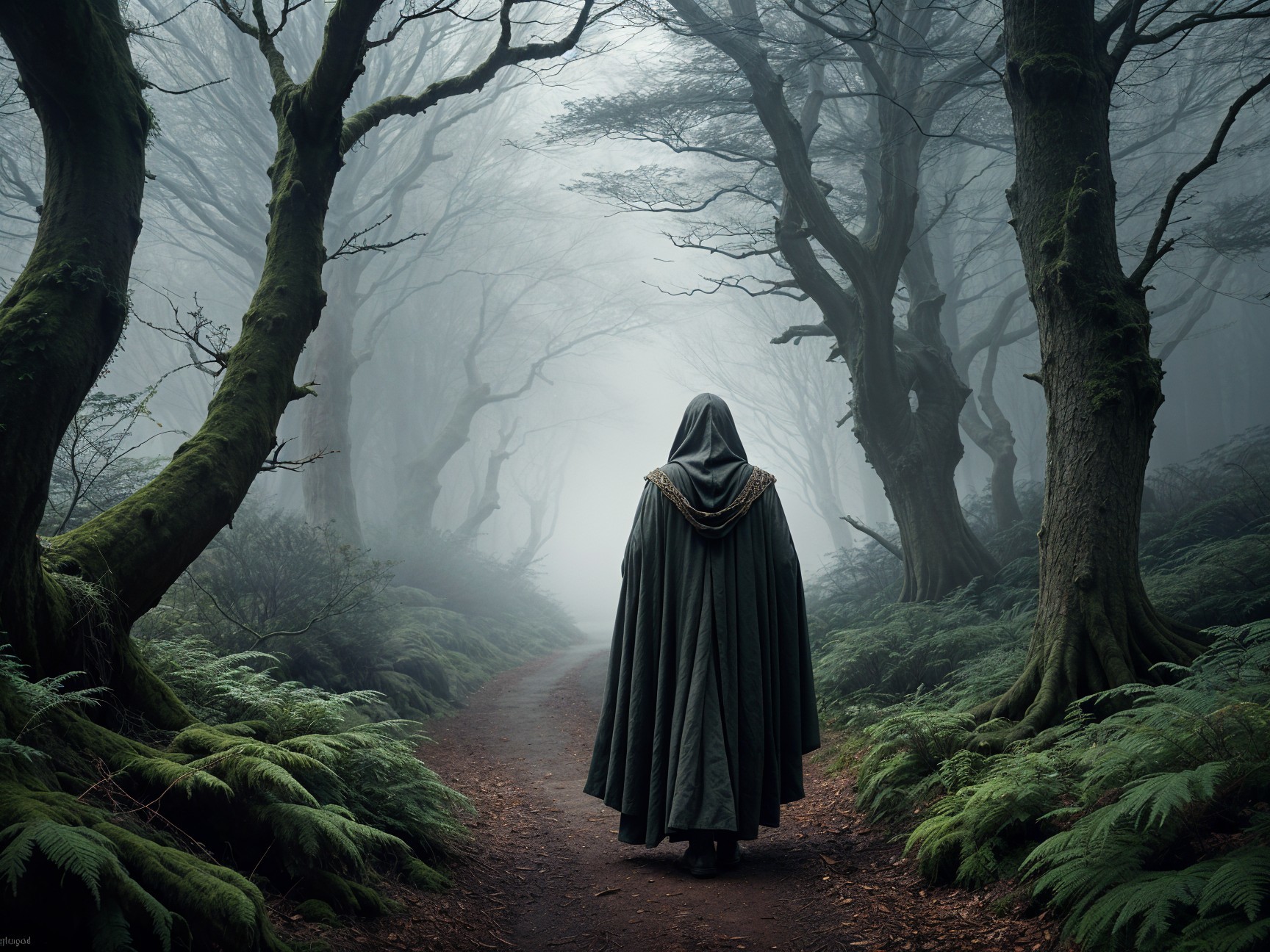 Cloaked figure on a misty forest path with ferns