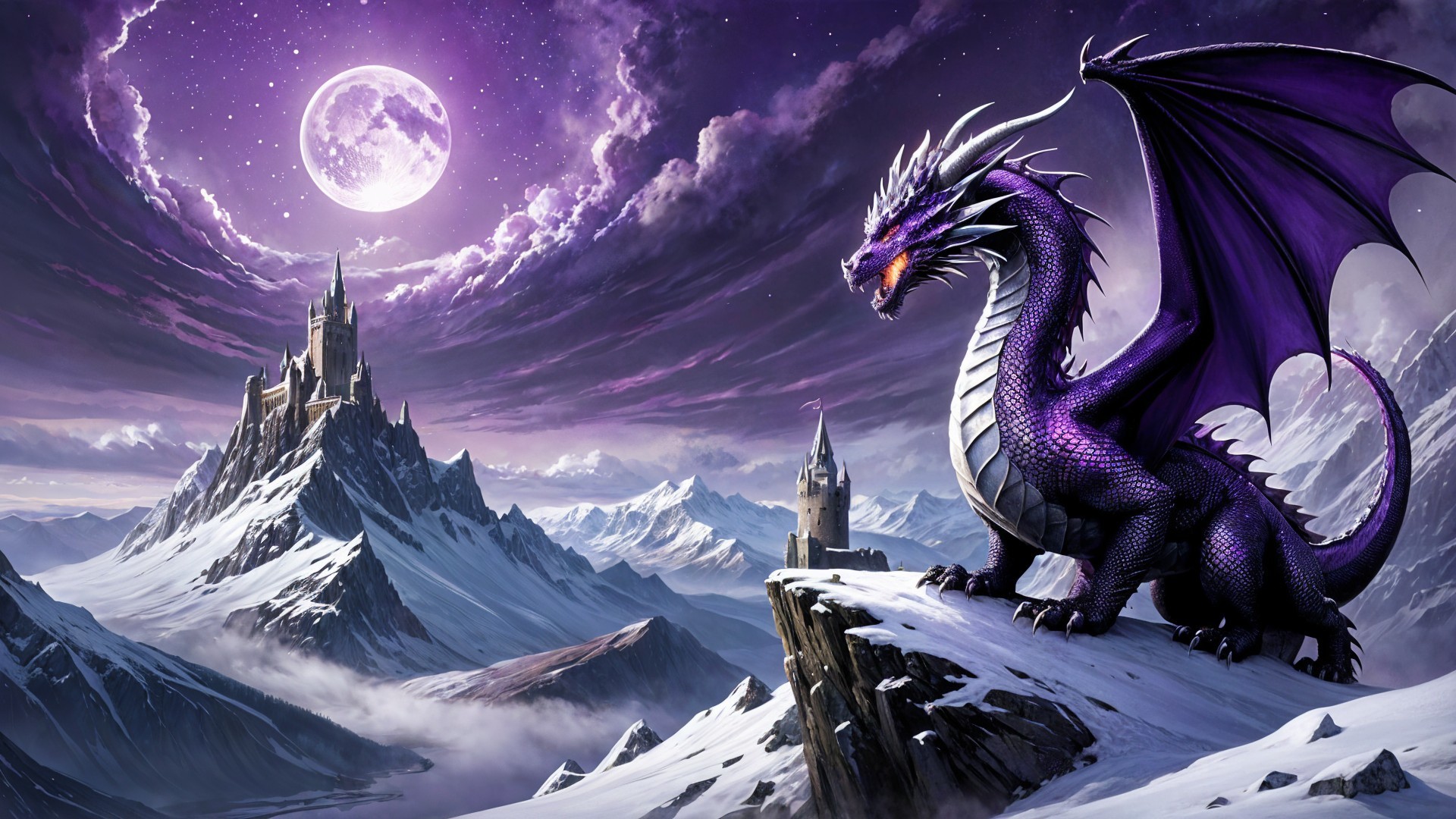 Purple Dragon Overlooks Snowy Mountains and Castle