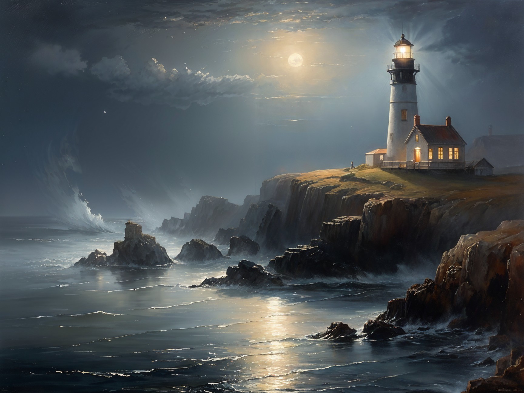 Coastal Lighthouse on Rugged Cliff at Night