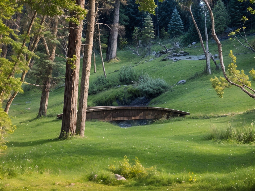 Serene Landscape with Wooden Bridge and Pine Trees